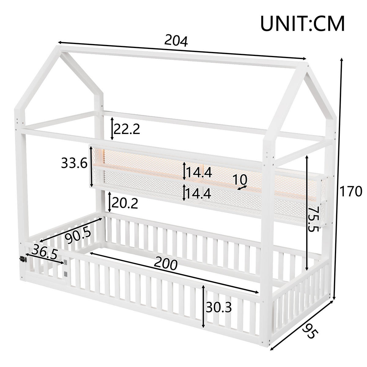 HAUSBETT 90/200 cm weiß aus Metall mit LED-Beleuchtung und Sicherheitszaun - Weiß, Metall (90/200cm) - OKWISH