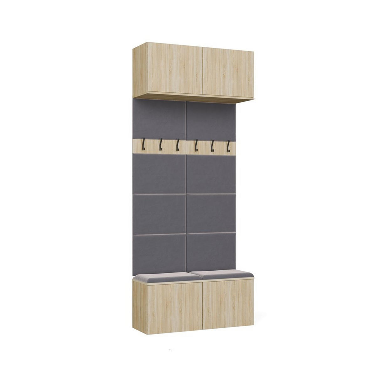 GARDEROBĂ – cuier de hol cu bancă, cârlige și dulapuri superioare, stejar Sonoma 100/238/35 - stejar Sonoma/gri, compozit lemnos (100/238/35cm) - RAUMHIRSCH FURNITURE