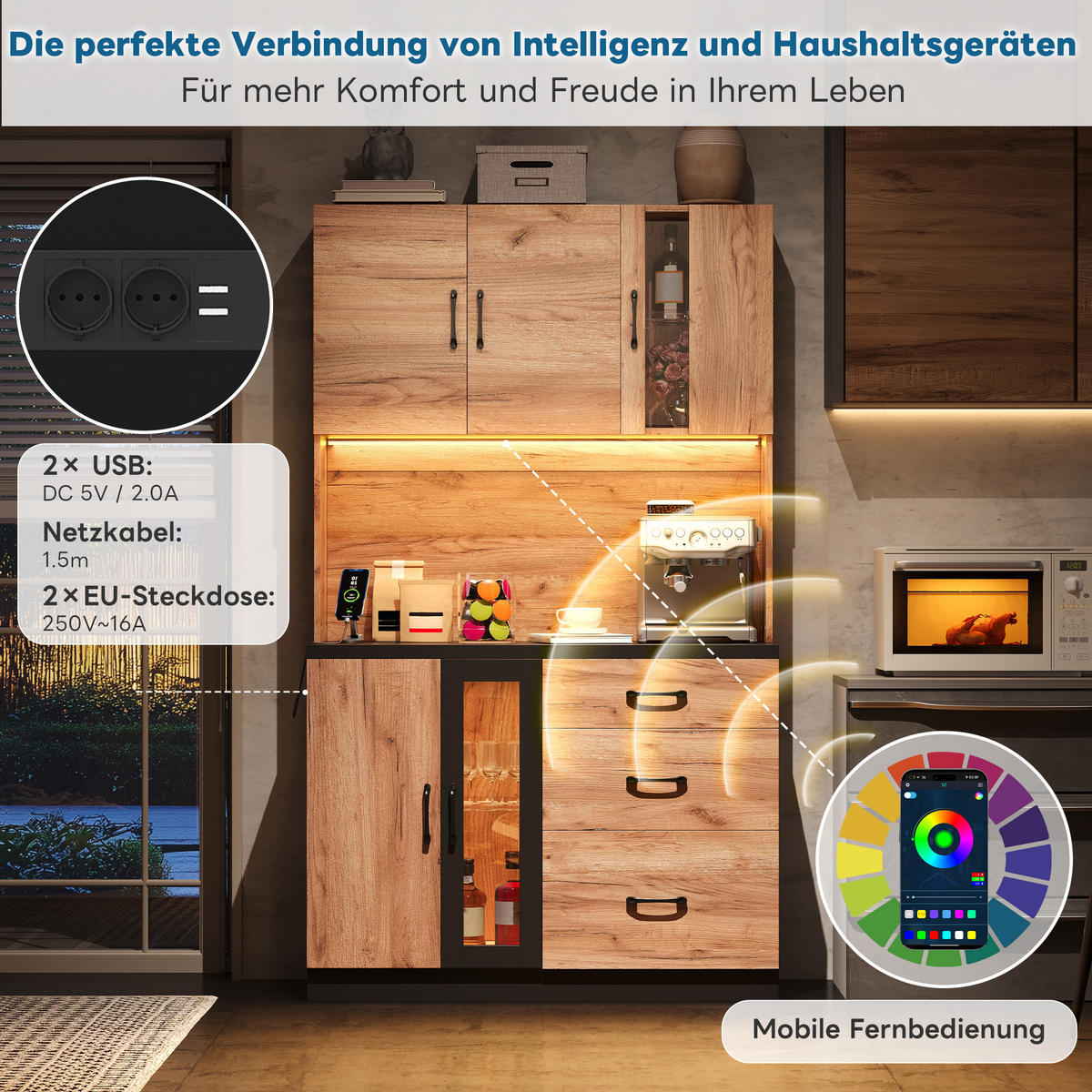 BUFFET 105/40/180 cm Neutral mit LED-Beleuchtung, verstellbaren Einlegeböden und Steckdose im Euro-Stil - Naturfarben, Holz (105/180/40cm) - Oxeza