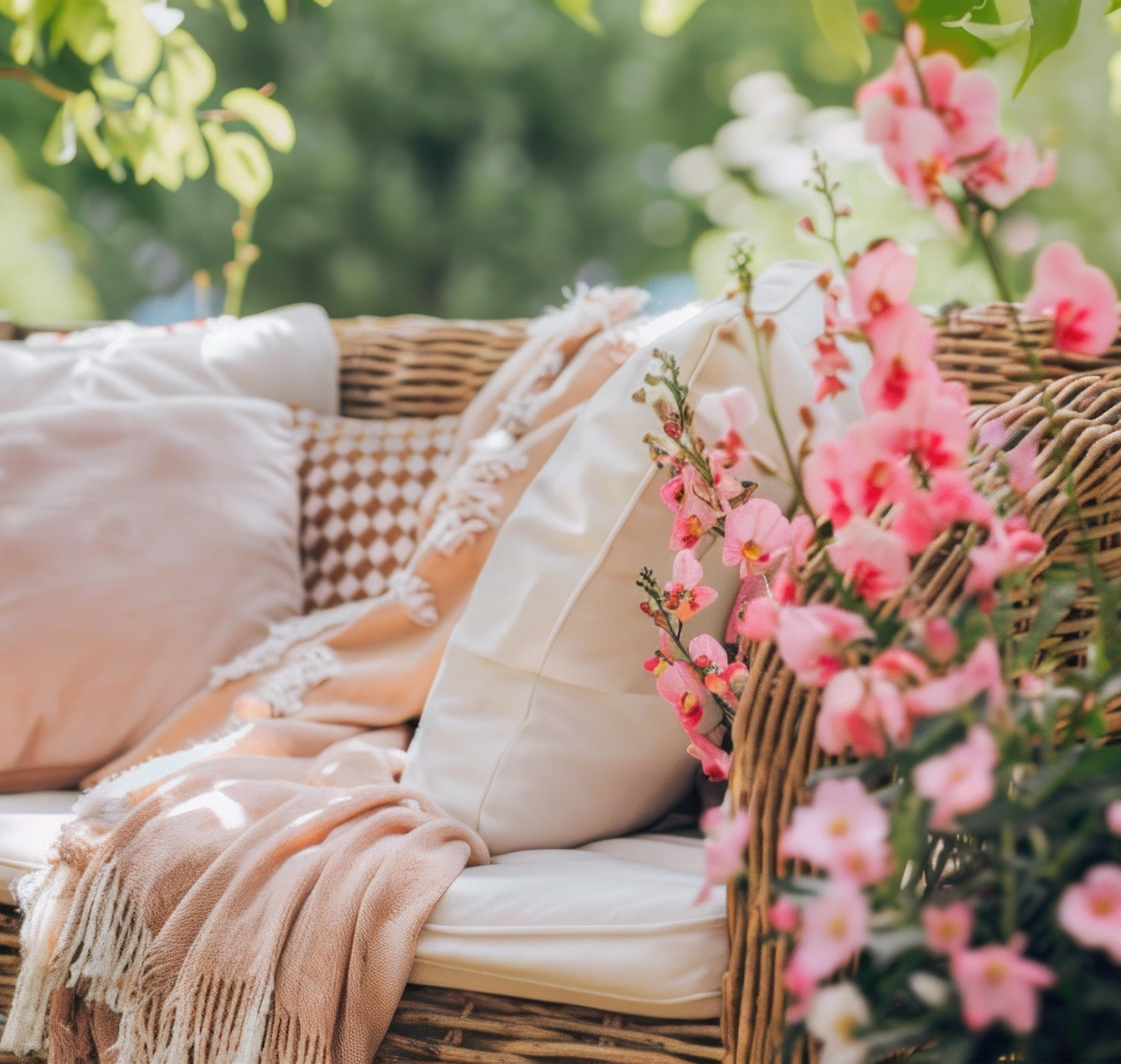 Pohodlná prútená stolička, zdobená ružovými vankúšmi a teplou dekou, ideálna na relaxáciu.