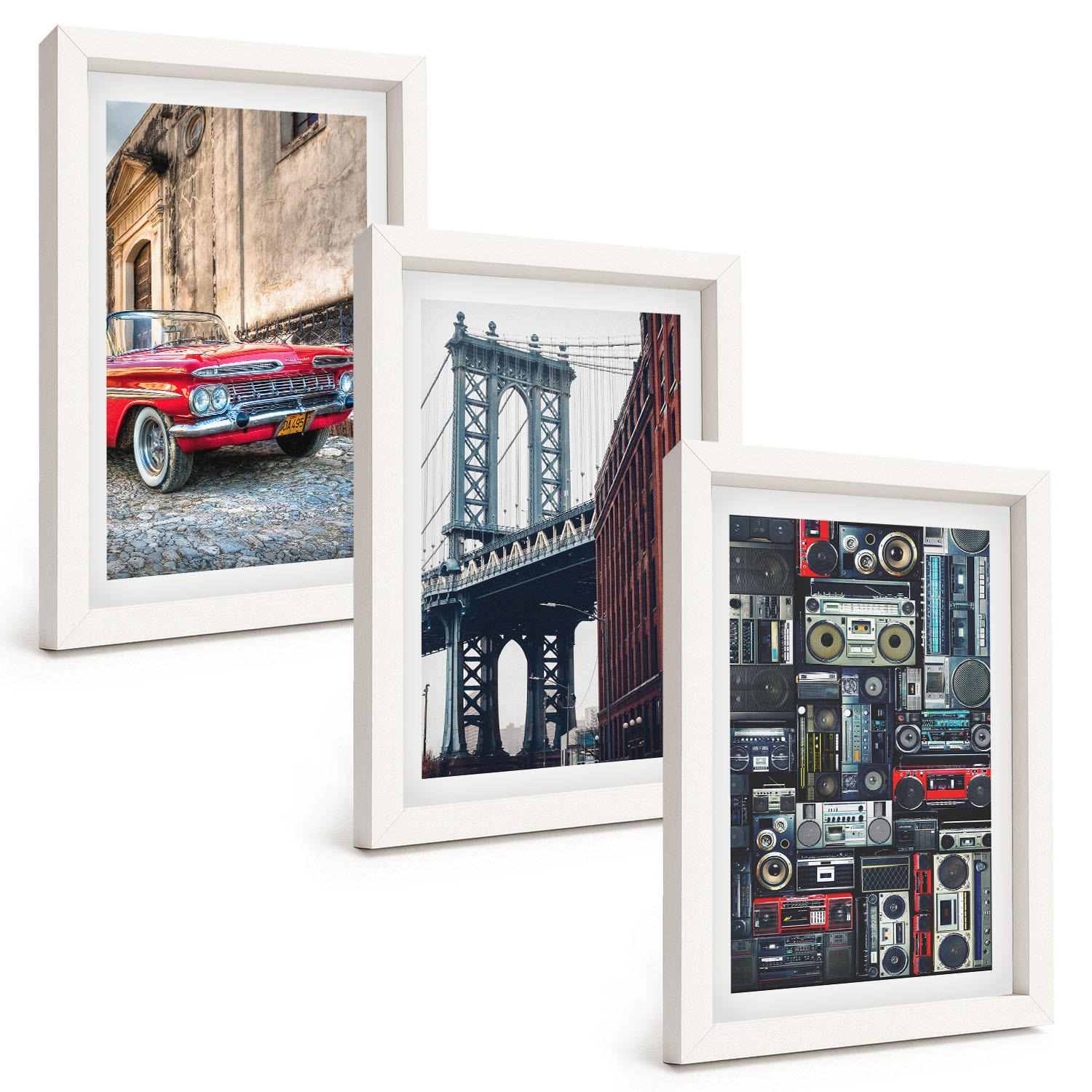 BILDER SET 3er Set - 20x30 cm Weißer Rahmen - Alte Autobrücke Brooklyn Retro-Audio - Weiß, Kunststoff (20/30cm) - TULUP