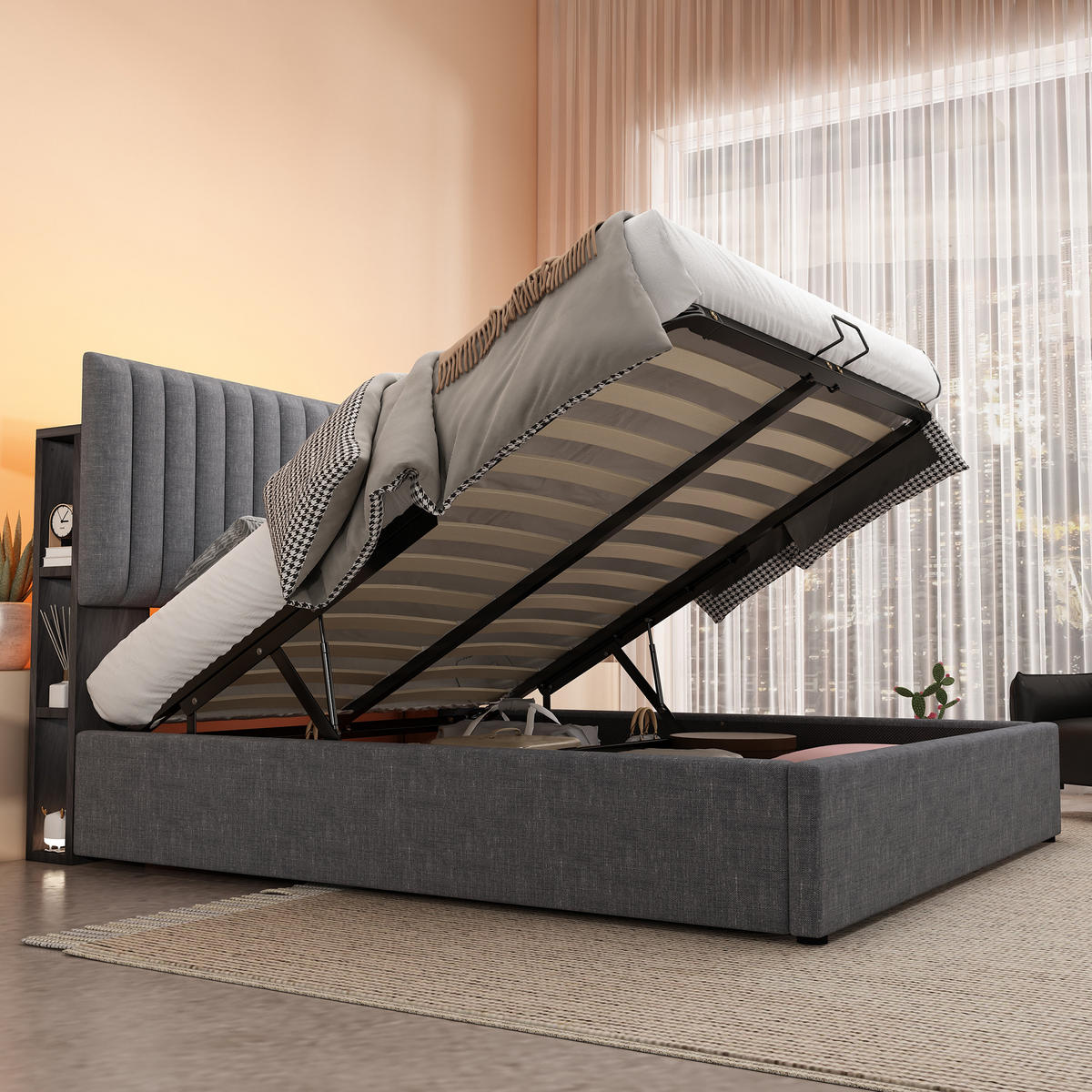 POLSTERBETT 160x200 Grau LED App USB-C Stauraum - Grau, Naturmaterialen (160/200cm) - FLIEKS