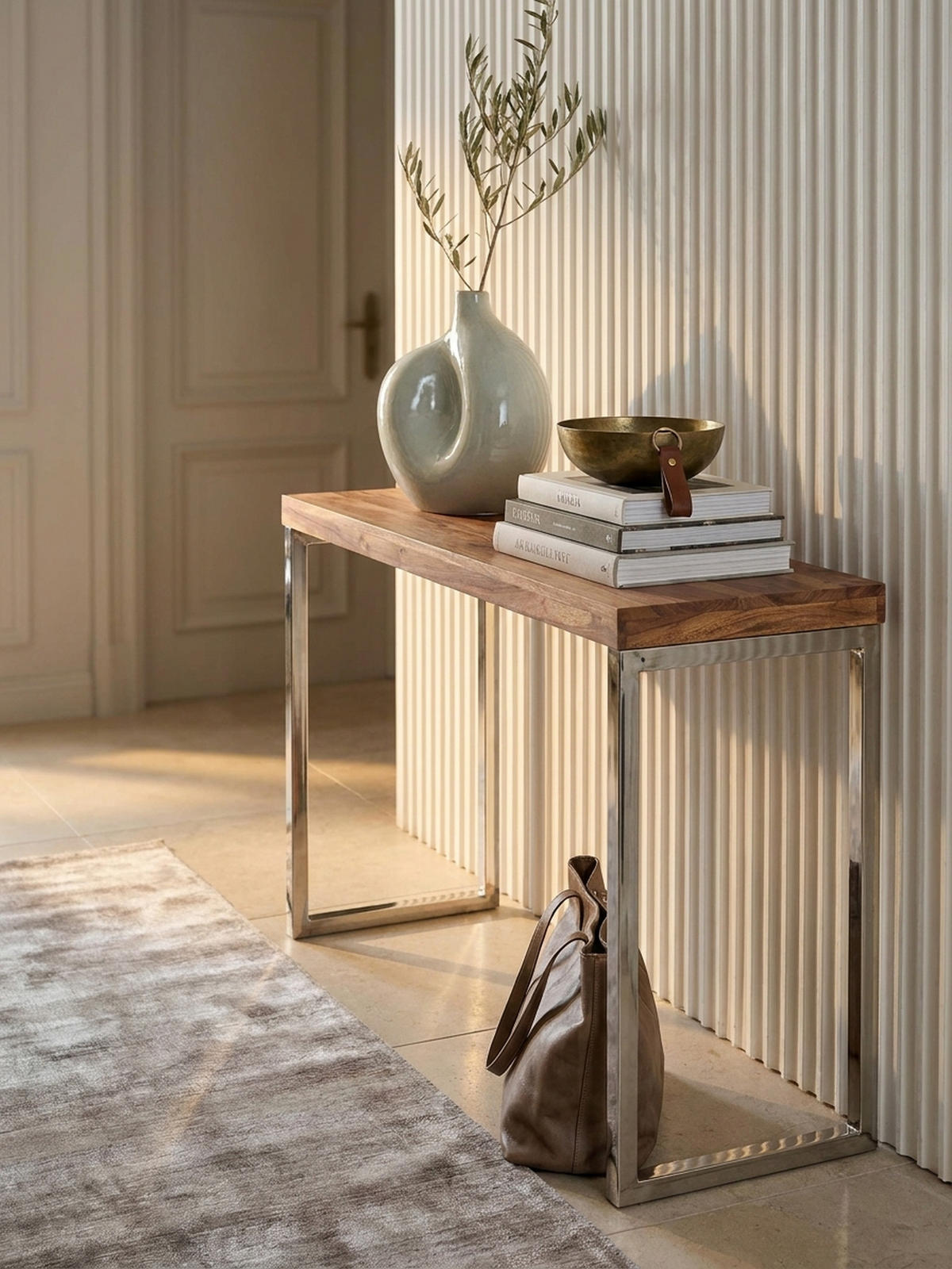 KONSOLENTISCH Massivholz Chromgestell Handgefertigt ISEN, Beige 120x45x77 cm - Beige/Silberfarben, Holz/Metall (45/120/77cm) - KADIMA DESIGN