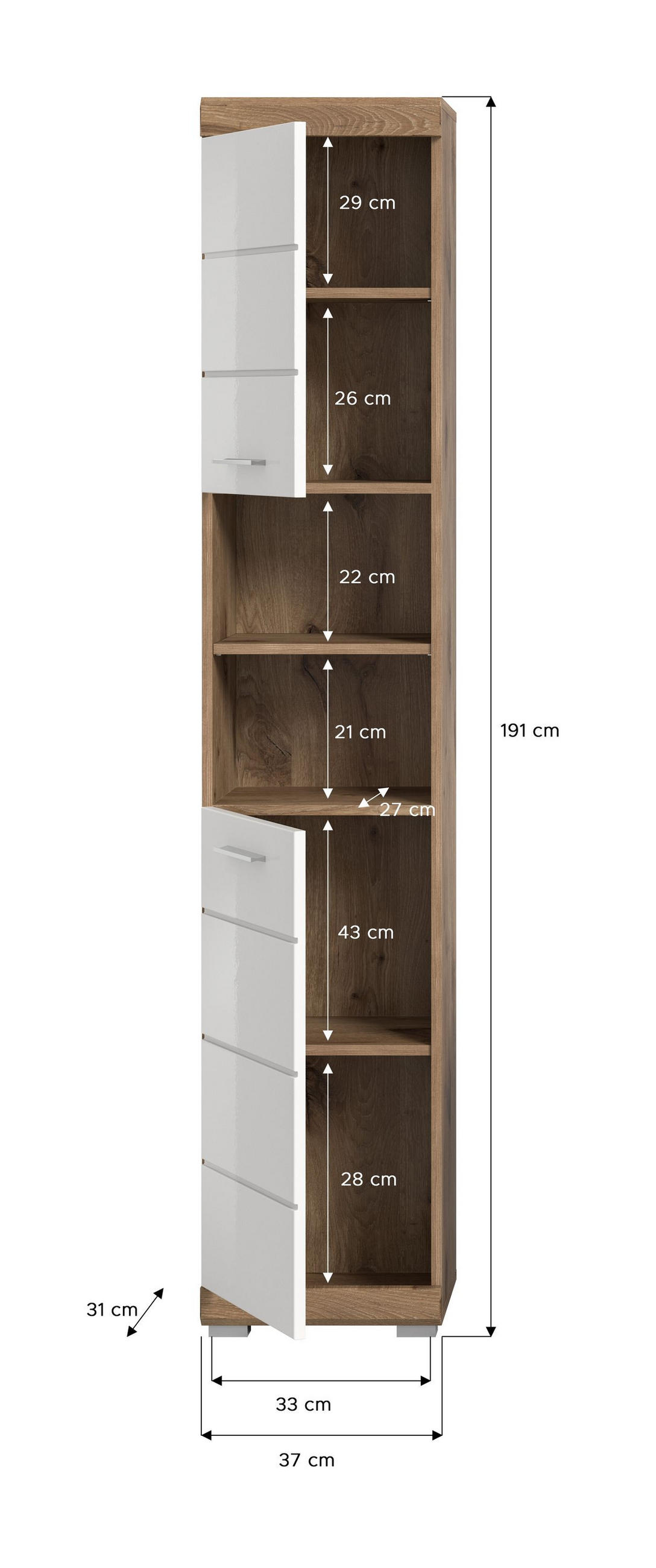 HOCHSCHRANK Wave Bad in Nox Oak Nachbildung und weiß hochglanz B/H/T: 37x191x31 cm - Eichefarben, Holz (74/141/31cm)