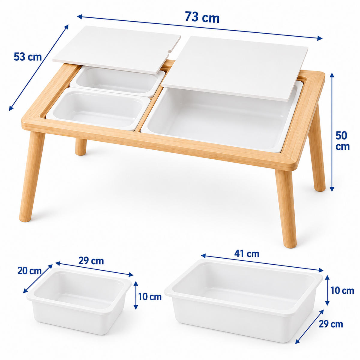 BARNBORD Natur Vit 3-i-1 med förvaring 73x53 cm - Multicolor, Trä/Plast (73/50/53cm) - Relaxdays