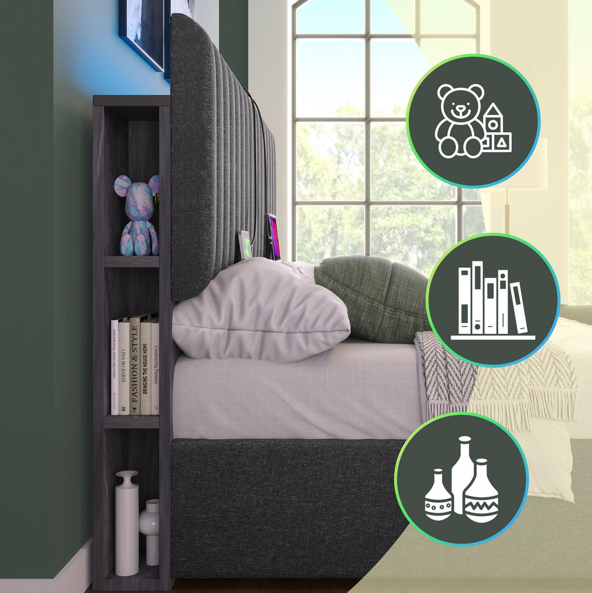 POLSTERBETT 140/200 cm Grau aus Leinen mit LED-Kopfteil - Grau, Textil (140/200cm) - OKMYHOME