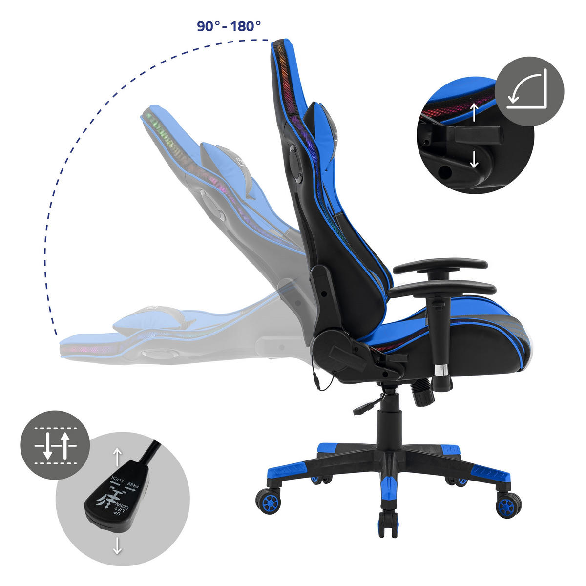 GAMING-STUHL Schwarz-Blau - Blau, Metall (68/132/66cm) - ML-DESIGN