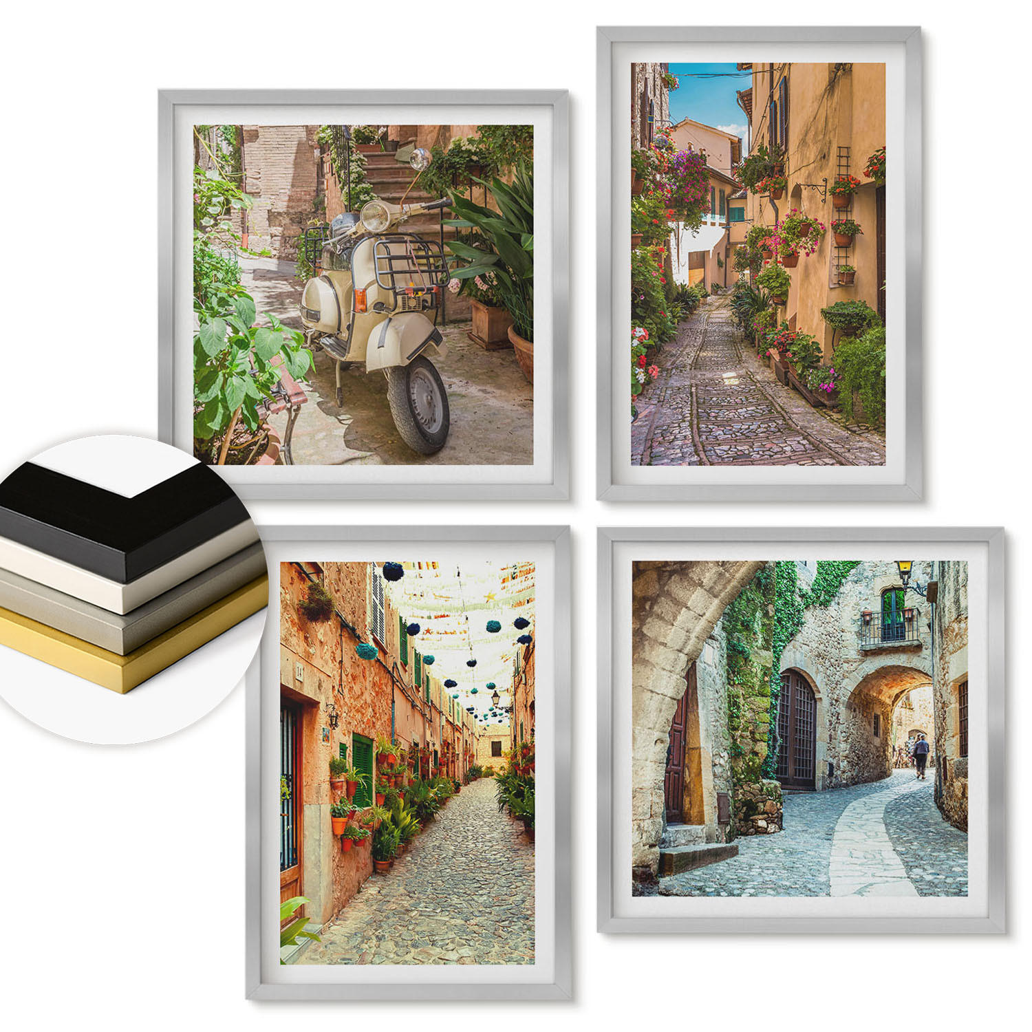 WANDBILDER 4er Set - 50x50 cm & 40x60 cm Silberner Rahmen - Charmante italienische Straßen und Blumen - Silberfarben, Kunststoff (50/50cm) - ArtPrintCave