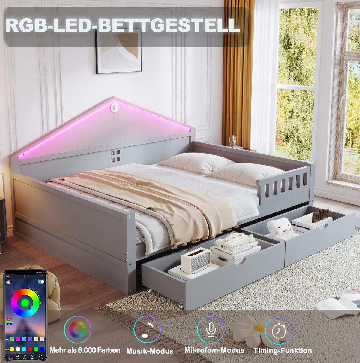 BETT mit LED-Beleuchtung und 2 Schubladen 140x200 cm Grau - Grau, Holzwerkstoff (140/200cm) - Beauniv