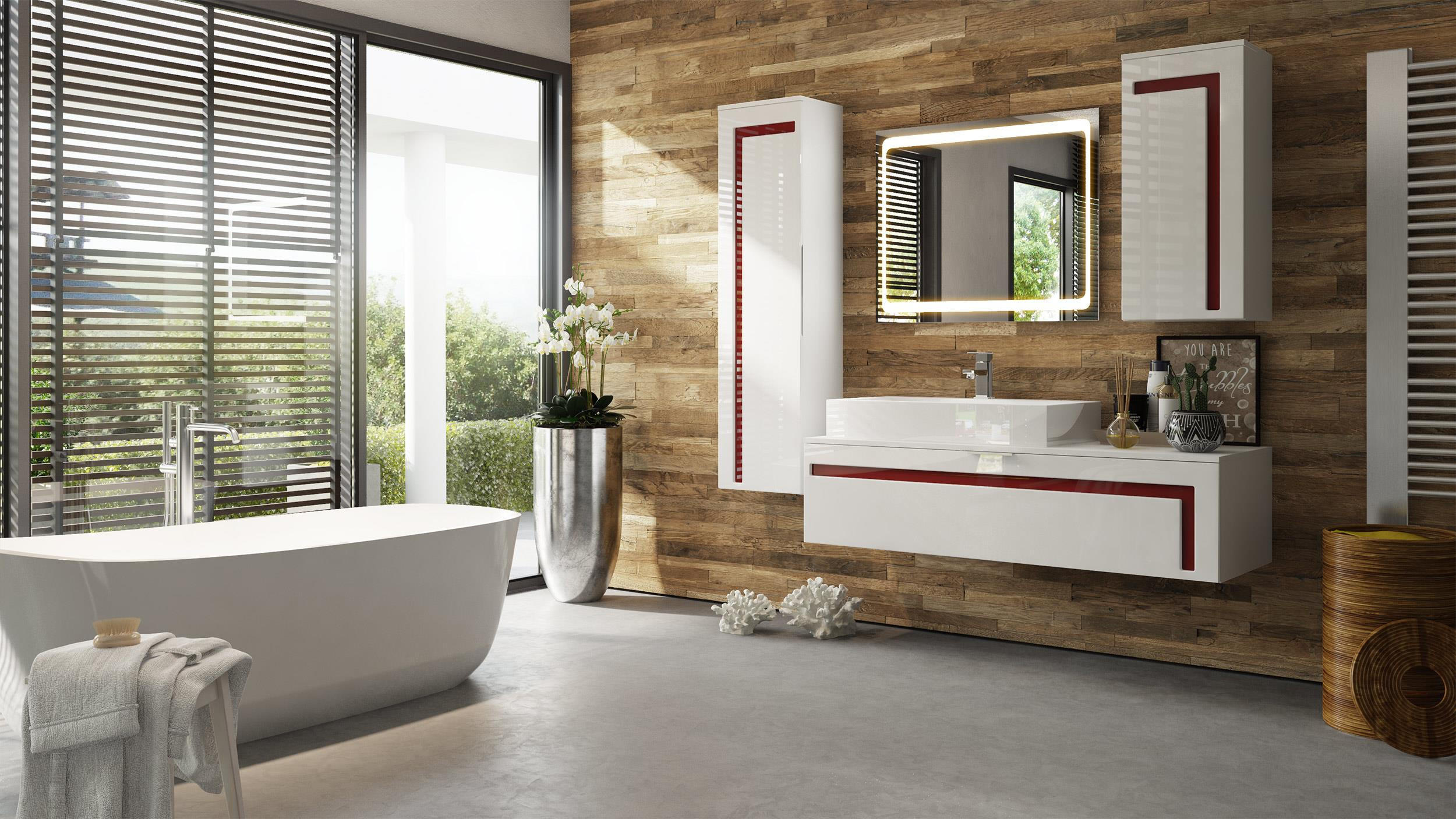 BADMÖBELSET Aloha Absetzungen in Bordeaux Hochglanz - Bordeaux, Holzwerkstoff (210/185/51cm) - Vladon