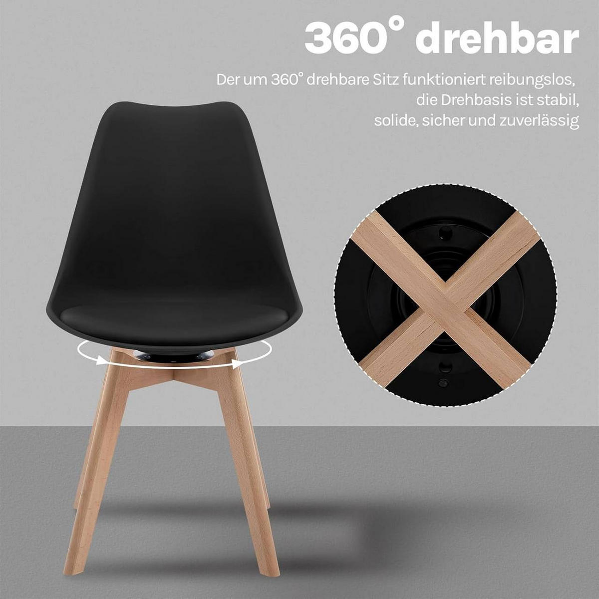 STUHL 2er Set, drehbar, Kunstleder, Massivholz, Schwarz - Buchefarben/Schwarz, Holz/Kunststoff (48/83/58.5cm) - Woltu