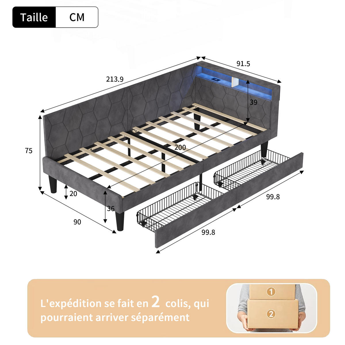 POLSTERBETT 90x200 cm LED USB Schubladen Lattenrost grau - Grau, Holz (90/200cm) - Fortuna Lai