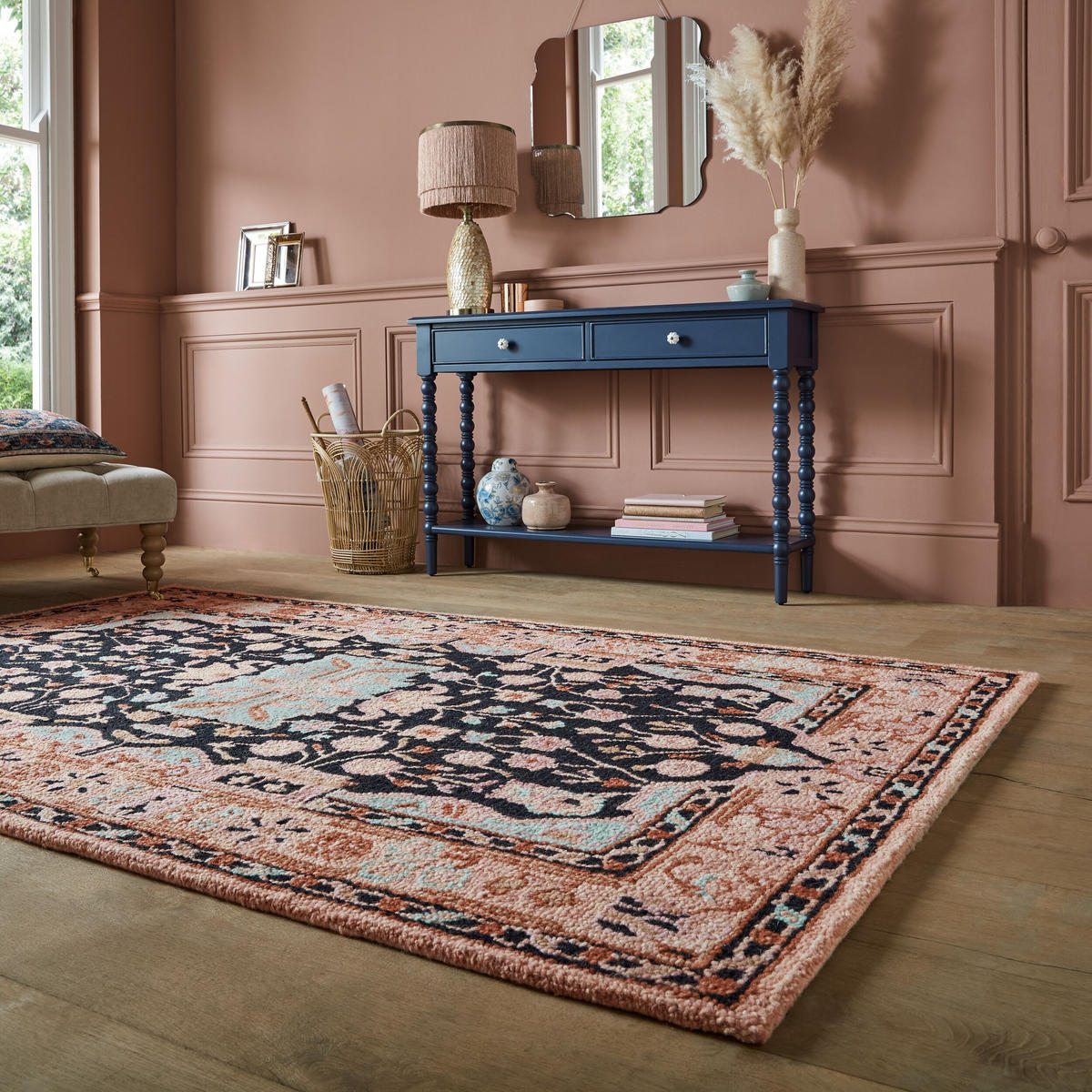 WOLLTEPPICH Orient Traditionelles Blumenmuster, Wohnzimmer Rosa-Schwarz Rechteckig 200x290 - Rosa, Textil (200/290cm) - KADIMA DESIGN