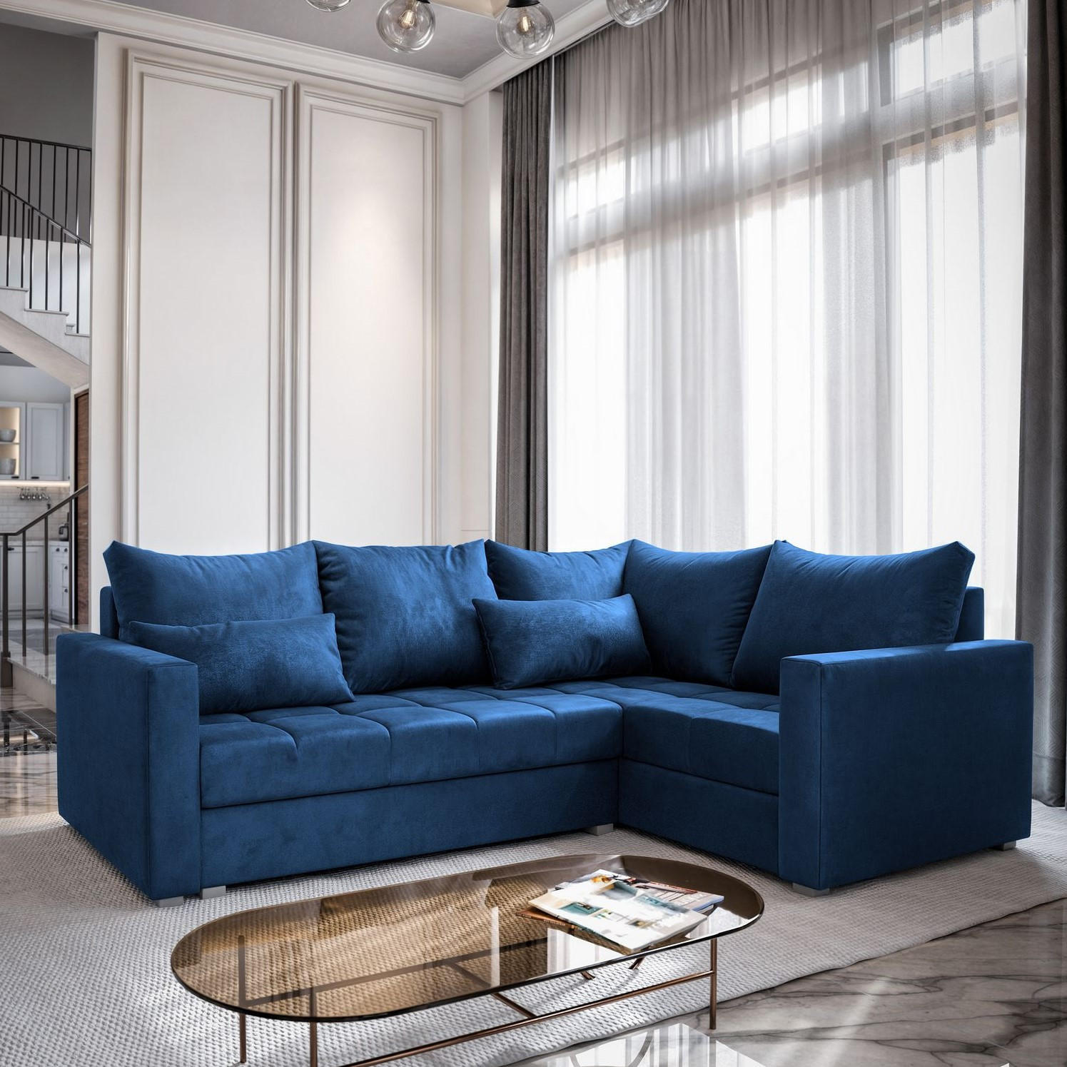 ECKSOFA LIRENO R-S Blau Plüsch-Stoff mit Schlaffunktion - Blau, Holz (220/153cm) - MASSENO