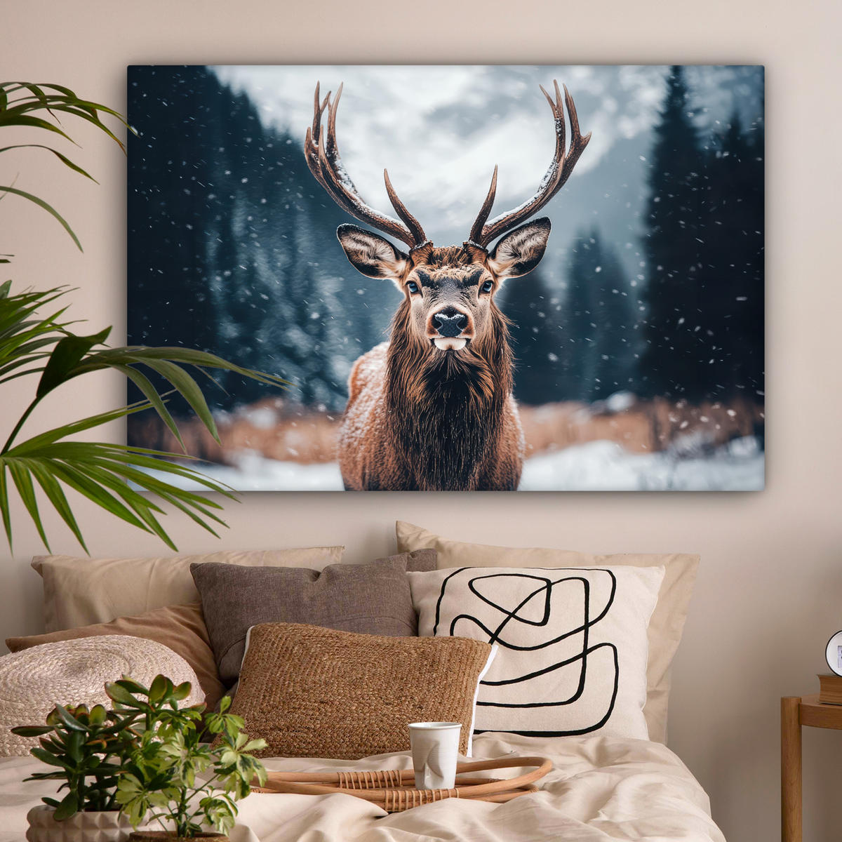 LEINWANDBILD Hirsche - Tiere - Landschaft - Winter - Schnee XXL 150x100 cm - Kastanienfarben, Textil (150/100cm) - MuchoWow