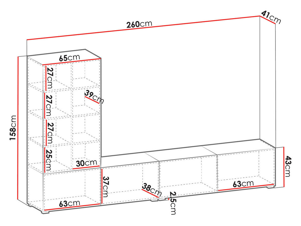 WOHNWAND Tiwori - Nussbaumfarben/Schwarz, Holzwerkstoff/Kunststoff (260/157/41cm) - MIRJAN24