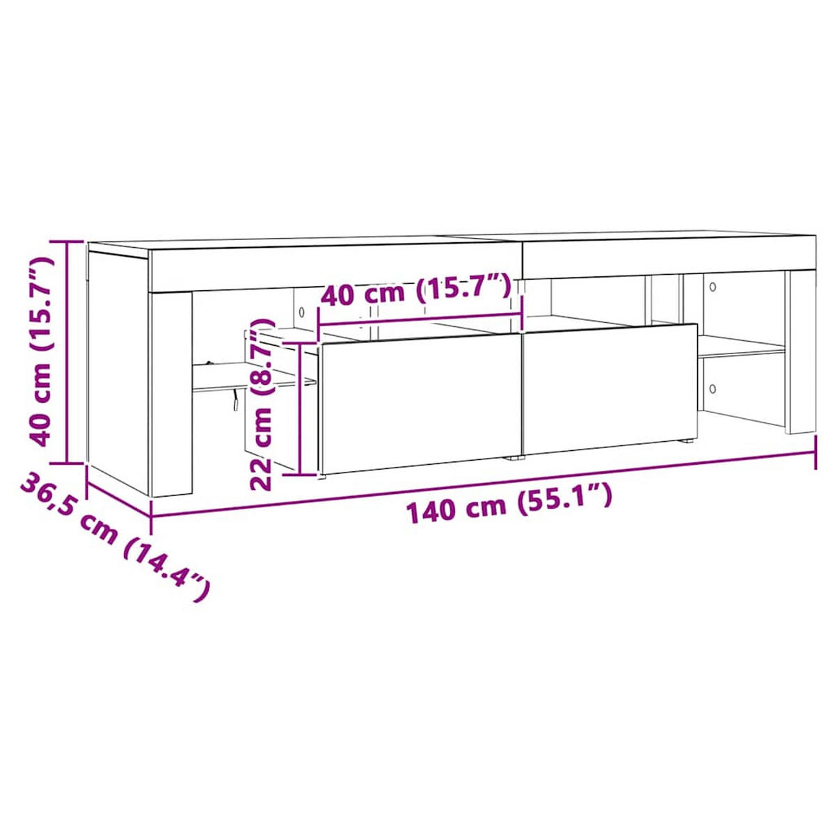LOWBOARD mit Led-Beleuchtung 140/36,5/40 cm aus Holzwerkstoff in Schwarz - Schwarz, Holz (140/40/35cm) - vidaXL