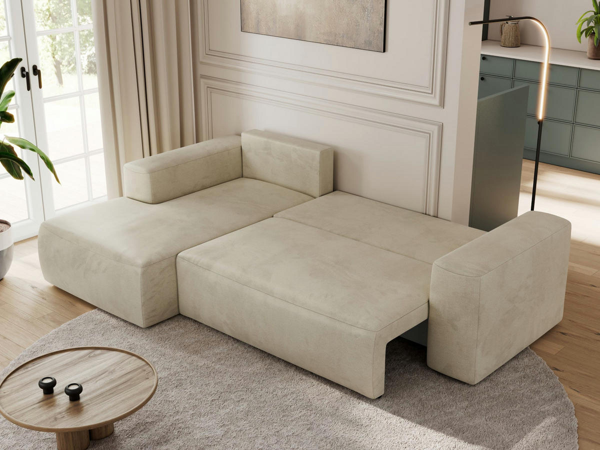ECKSOFA TRENTINO L Beige Velvet - Links - Beige/Schwarz, Textil (266/164cm) - MKS