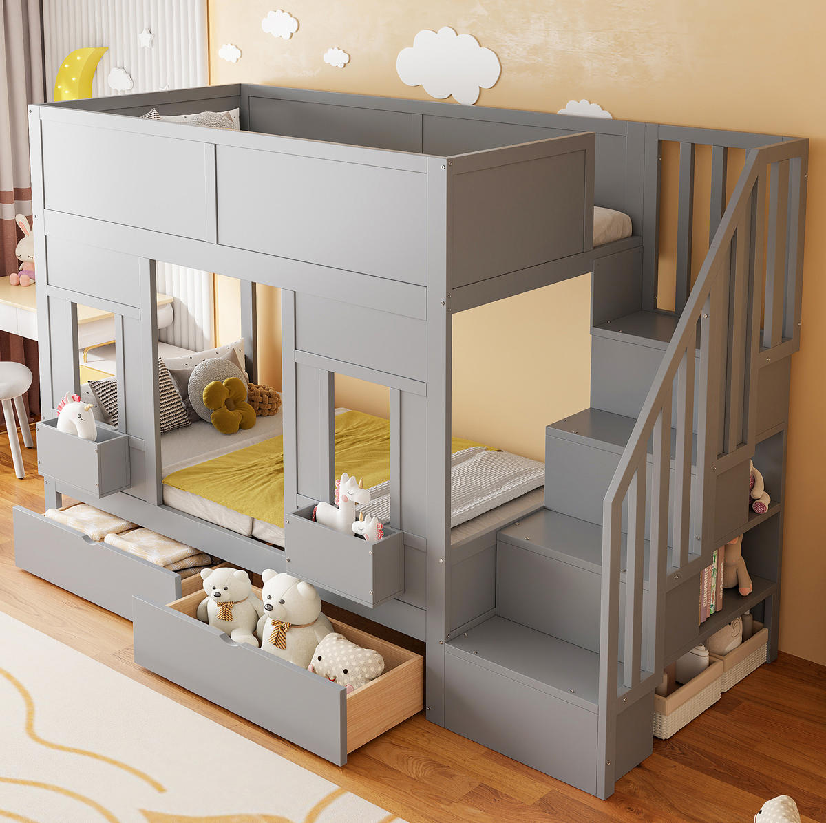ETAGENBETT 90/200 cm grau aus Holz mit Treppe und Stauraum - Grau, Holzwerkstoff (90/200cm) - OKWISH