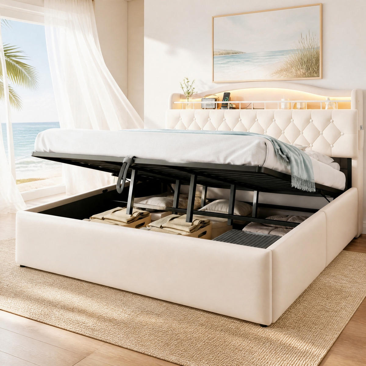 POLSTERBETT 180/200 cm aus Stoff und Metall mit Stauraum, Beige - Beige, Textil (180/200cm) - OKMYHOME