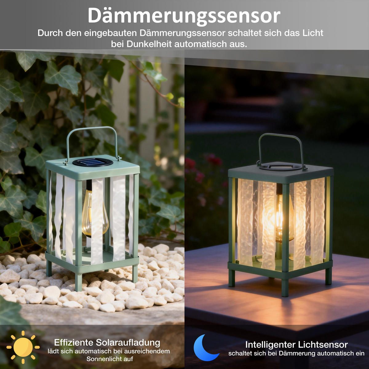 SOLAR-GARTENLEUCHTE LED-Tischleuchte wetterfest mit-Dämmerungssensor warmweiß Metall Echtglas Laterne für Balkon Terrasse Garten mit-Aufhängung - Grün, Metall (15/15/32cm) - Elblight.de