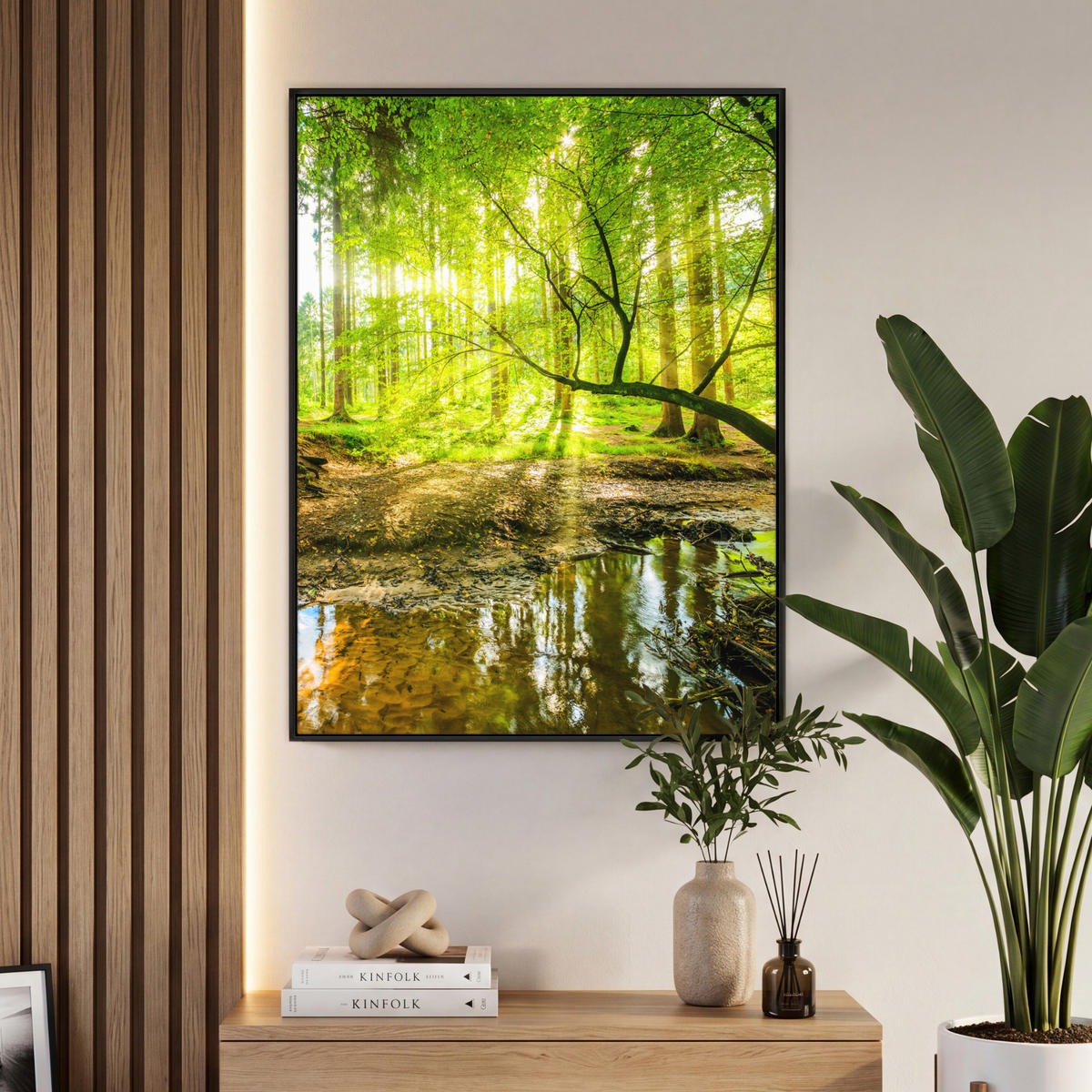LEINWAND Bilder mit Rahmen - Wald - Landschaft - Wasser - Bäume - Sonne - Grün - Natur - 70x100 - Grün, Textil (70/100cm) - MuchoWow