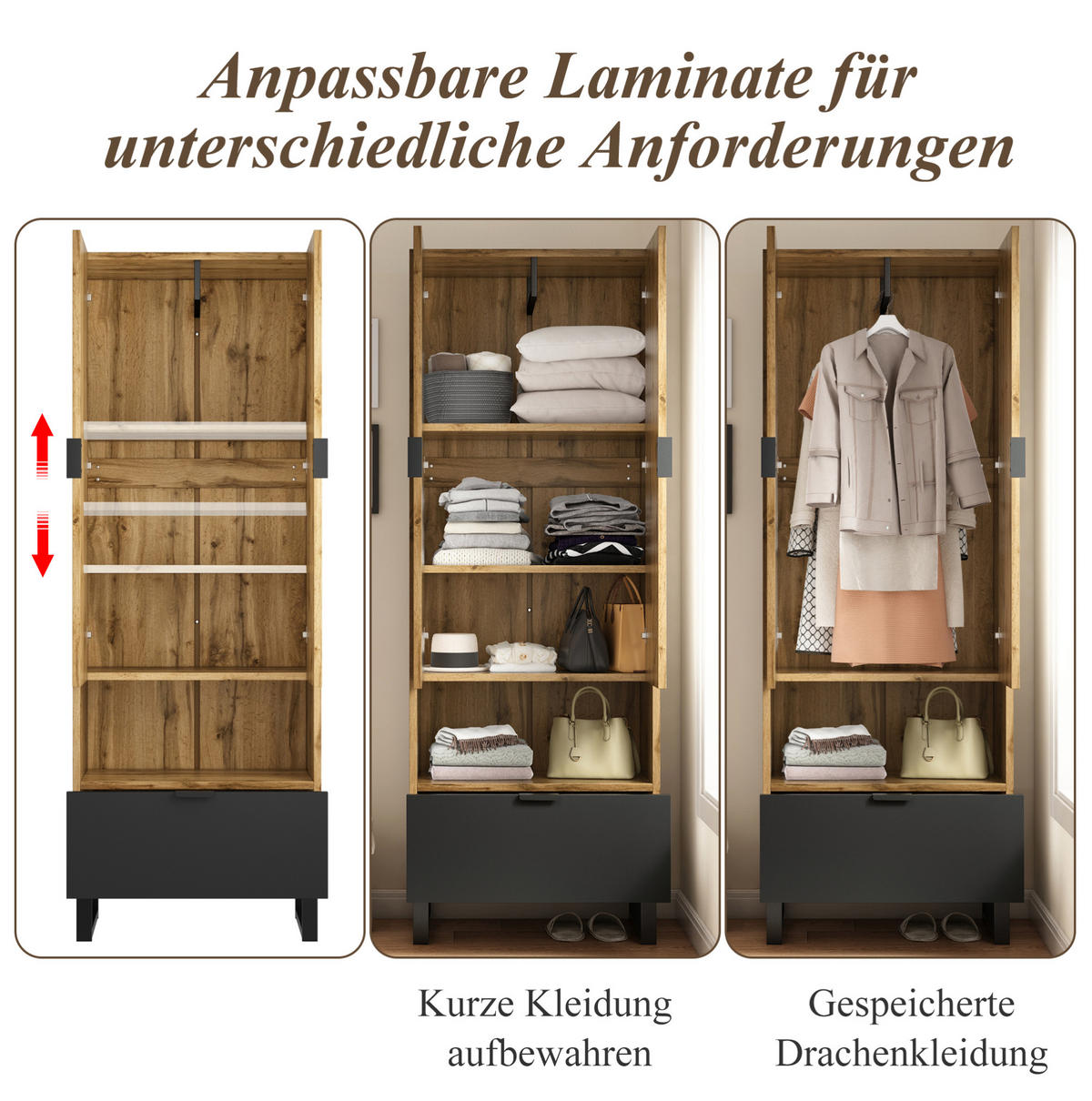 DIELENGARDEROBE mit Kleiderstange und Schublade 65/38/180 cm in Eichefarben/Schwarz - Naturfarben, Holzwerkstoff (38/65/180cm) - BEAOK