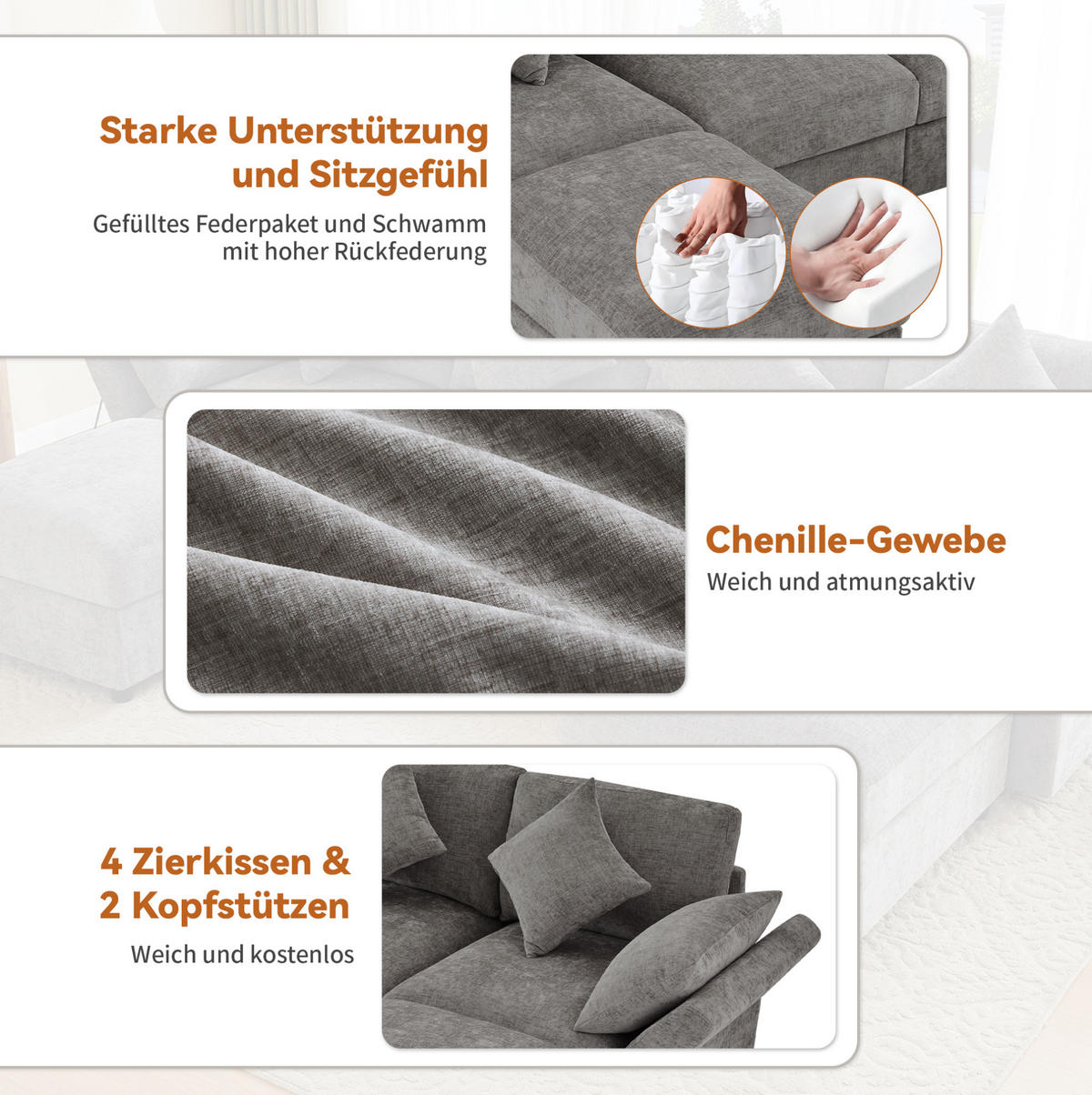 MODULARES Ecksofa 284/156,5/86 cm aus Chenille mit verstellbaren Armlehnen Grau - Grau, Textil (156.5/284cm) - Modenvie
