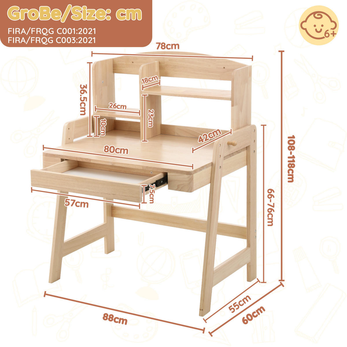 SCHREIBTISCH Naturfarben 88/60/118 cm höhenverstellbar Massivholz mit Schublade - Naturfarben, Holz (88/60/118cm) - PANGIVO