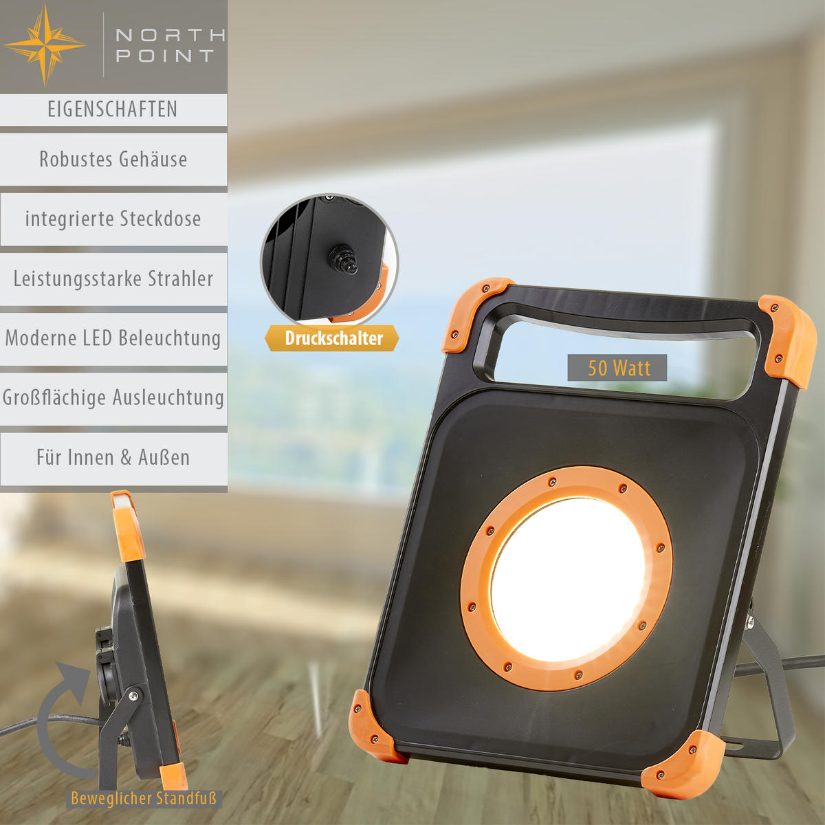 LED-BAUSTRAHLER - 50W mit stabilem Standgestell und 2 Steckdosen für handwerkliche Tätigkeiten, 5m Kabel, 2er-Set - Weiß, Metall (7.5/25.8/32.5cm) - Northpoint