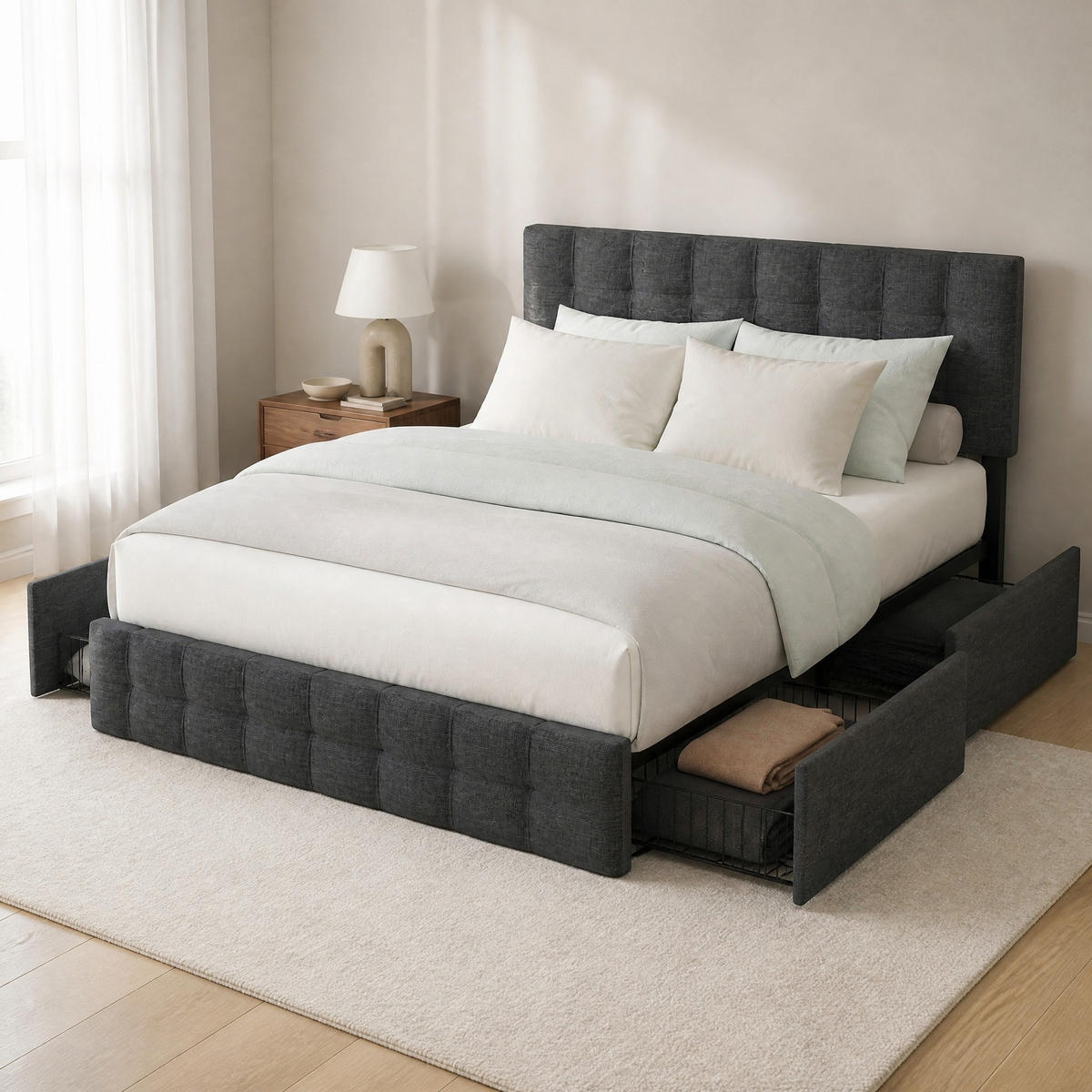 POLSTERBETT 140/200 cm in Grau Leinen mit 4 Schubladen, Verstellbarem Kopfteil und Matratze - Grau, Holzwerkstoff/Textil (140/200cm) - CHICFURN