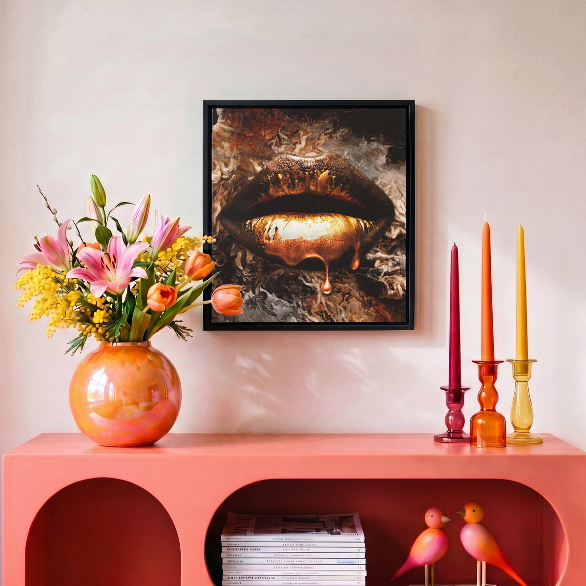 LEINWAND Bilder mit Rahmen - Gold - Lippen - Kunst - Gold - Luxus - Abstrakt - 20x20 - Kupferfarben, Textil (20/20cm) - MuchoWow