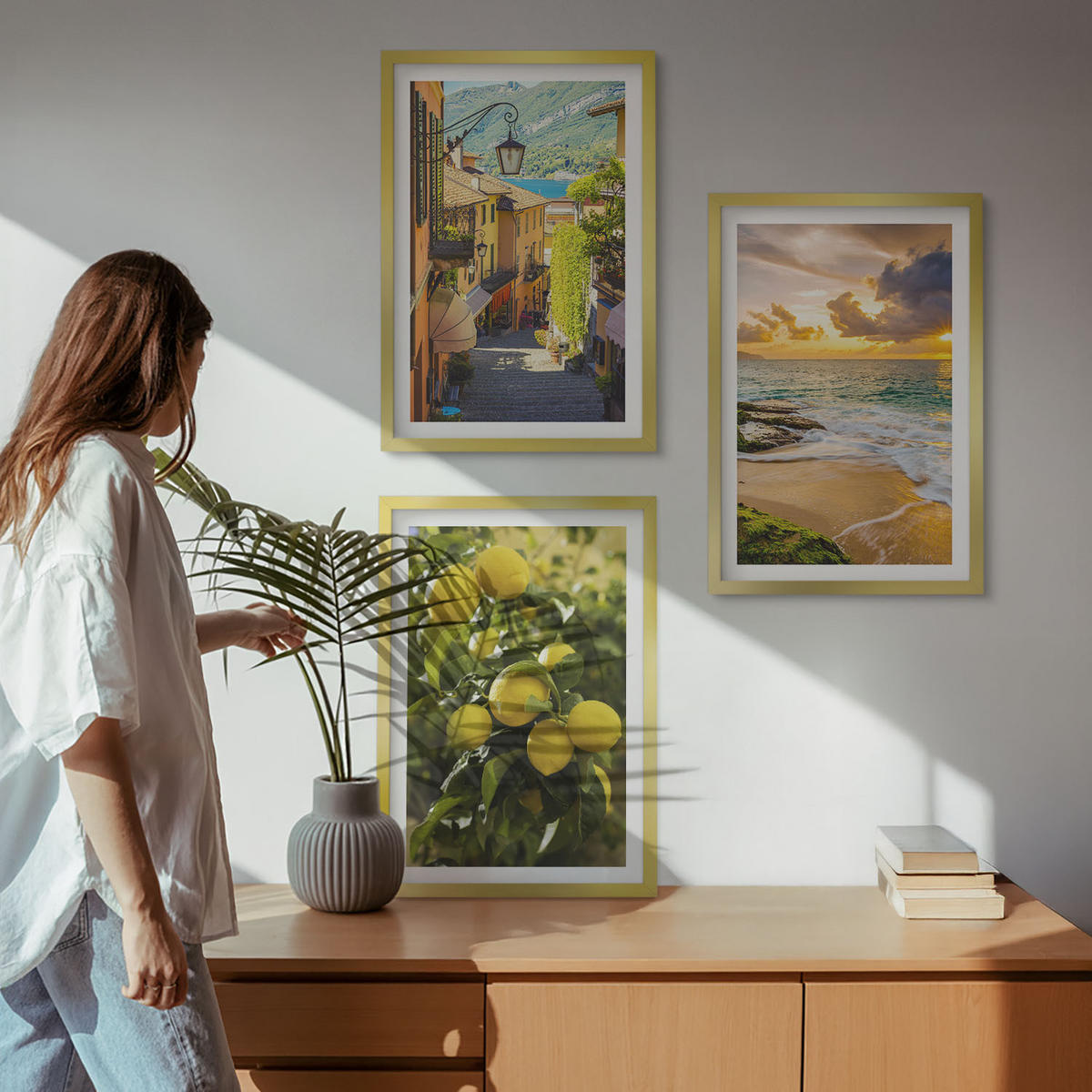 BILDER SET 3er Set - 40x60 cm Goldrahmen - Straßen, Meer, Strand, Zitrusbäume - Goldfarben, Kunststoff (40/60cm) - TULUP