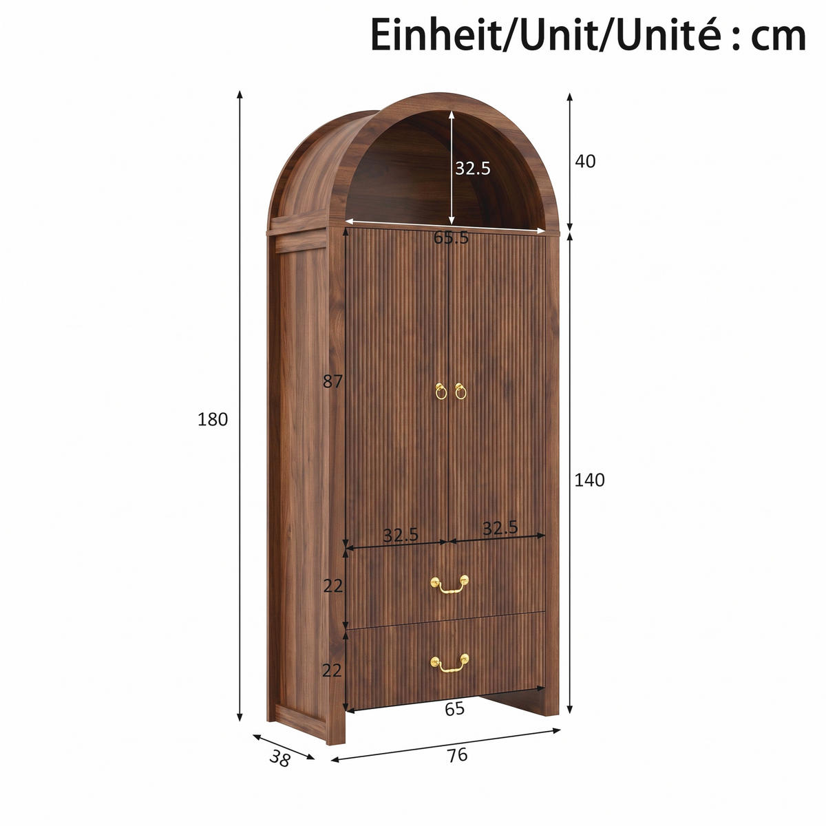 HOCHSCHRANK Nussbaum Bogen-Design mit APP-LED, 2 Türen & 2 Schubladen - Walnussfarben, Holzwerkstoff (76/180/38cm) - Urban Meuble