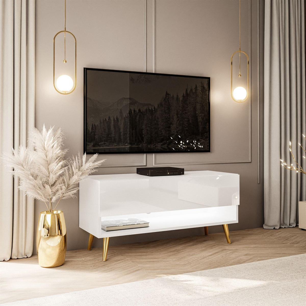 LOWBOARD TV-Schrank CALANTE 90 cm auf schrägen goldenen Chrom-Beinen - Weiß Hochglanz/Goldfarben, Holzwerkstoff/Metall (90/43/35cm) - Lookway