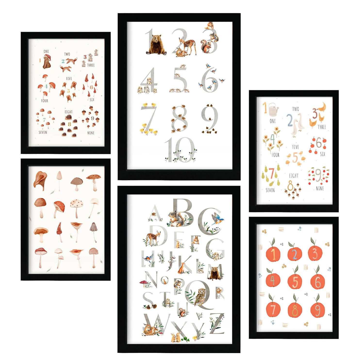 POSTER Set Mit 6 Zählen Von Zahlen A3 & A4 Schwarzer Rahmen - Schwarz, Papier (29/3cm) - Nacnic