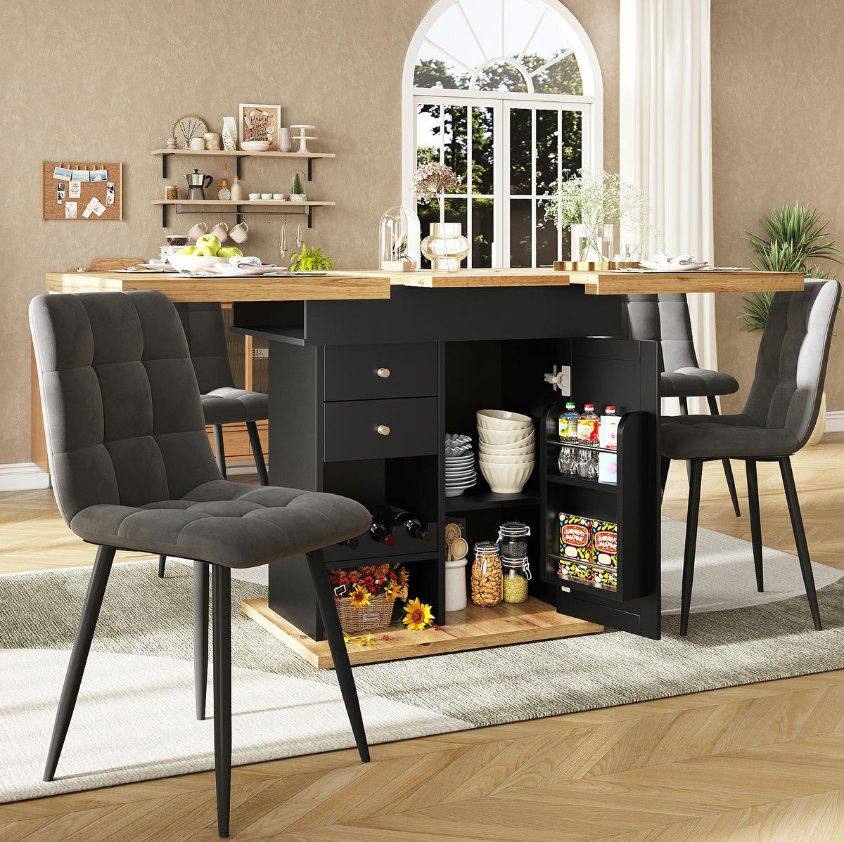 ESSTISCH 110-140/75/80 cm Schwarz/Natur aus MDF mit Stauraum - Schwarz, Holzwerkstoff (110/80/75cm) - OKMYHOME
