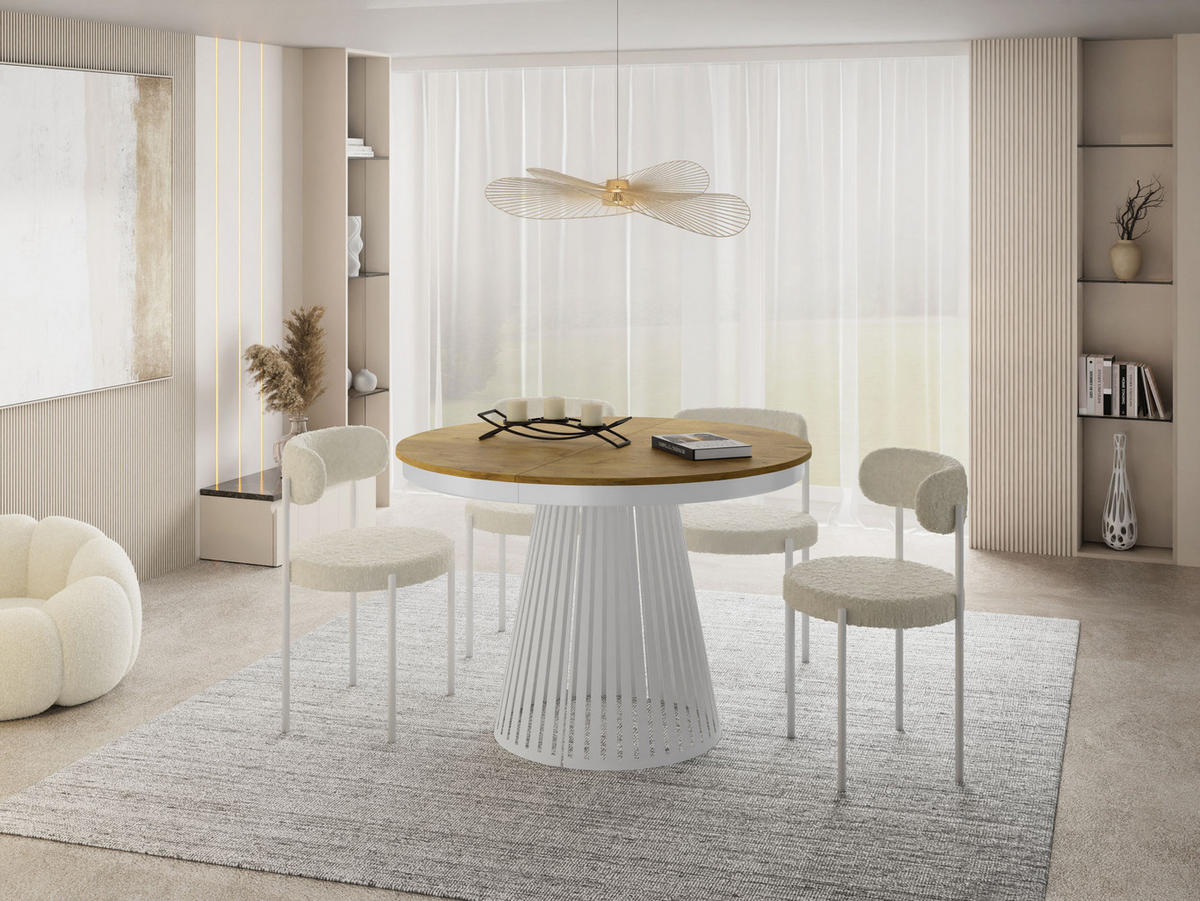ESSTISCH Naro rund ausziehbar mit Weißem Lamellen-Metallgestell, Braun 120-200/120/76 cm - Eichefarben/Weiß, Holzwerkstoff/Metall (120/120/76cm) - WFL GROUP