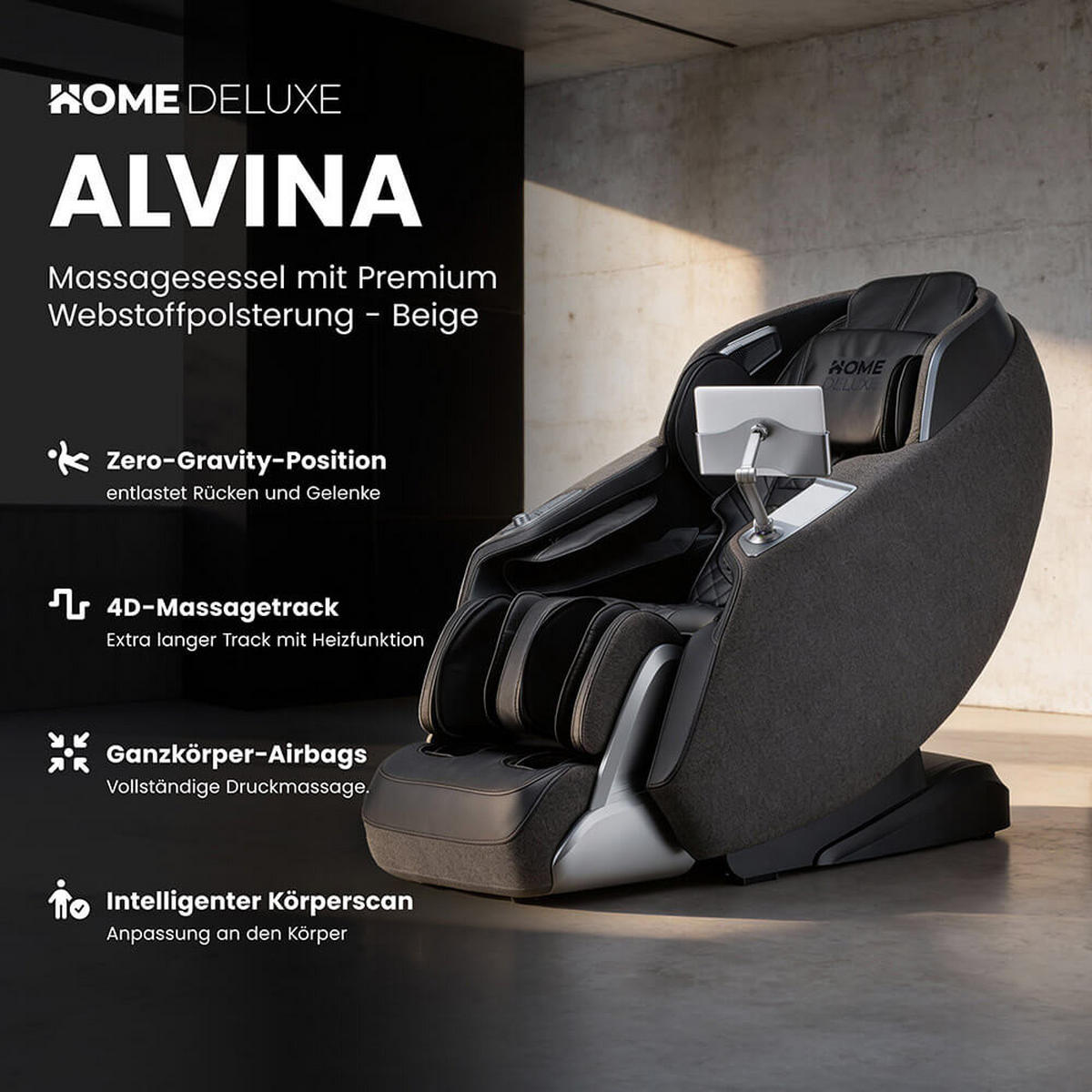 MASSAGESESSEL ALVINA mit Premium Webstoffpolsterung - Schwarz - Schwarz, Kunststoff (76.7/157/116cm) - Home Deluxe