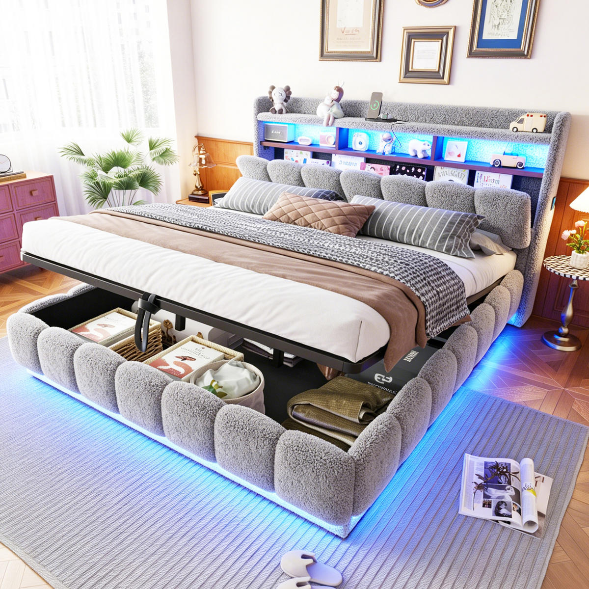 POLSTERBETT 180/200 cm in Grau mit Bettkasten, LED und USB-Anschluss aus Stoff und Metall - Grau, Textil/Metall (180/200cm) - STILVORA