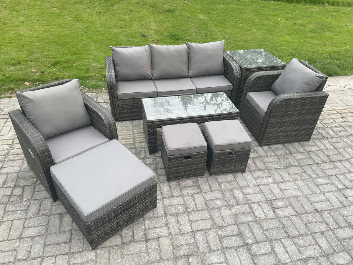 GARTENSOFA SET mit LIEGESTUHL Polyrattan 8-Sitzer Dunkelgrau - Dunkelgrau/Grau, Glas/Kunststoff - Fimous