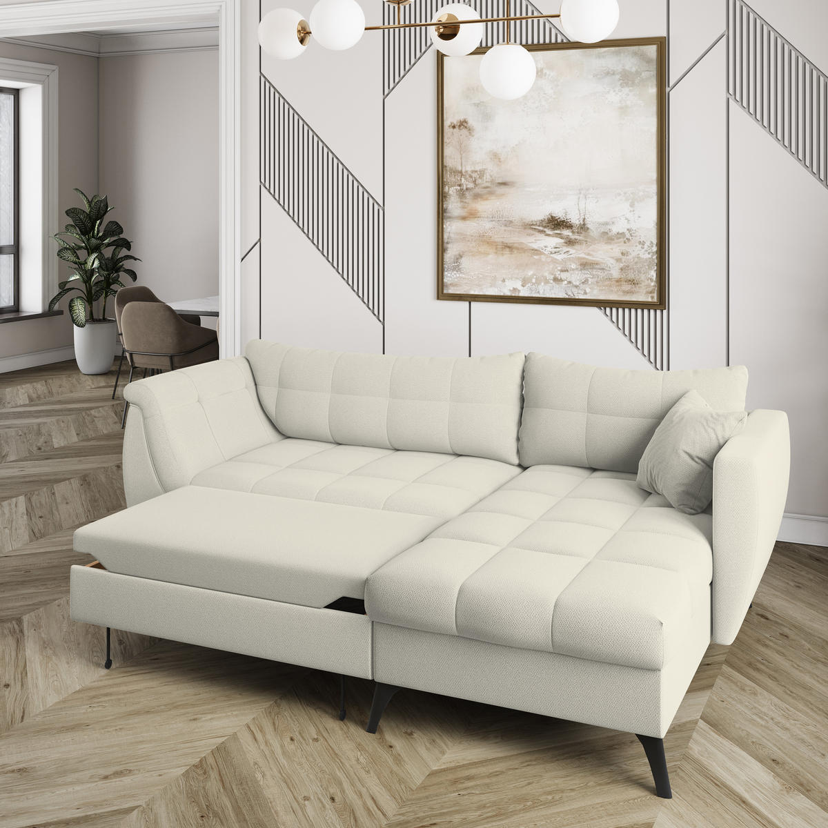 ECKSOFA MOLLIS Creme Geflochtener-Stoff mit Schlaffunktion - Creme, Holz (241/154cm) - MASSENO