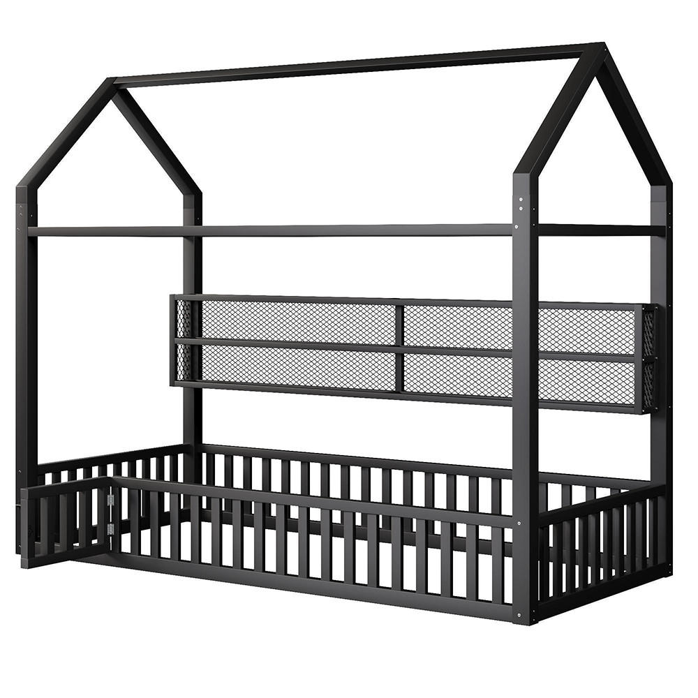 HAUSBETT 90x200 cm mit Zaun und LED-Beleuchtung, Schwarz - Schwarz, Metall (90/200cm) - KOMHTOM