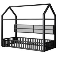 HAUSBETT 90x200 cm mit Zaun und LED-Beleuchtung, Schwarz - Schwarz, Metall (90/200cm) - KOMHTOM