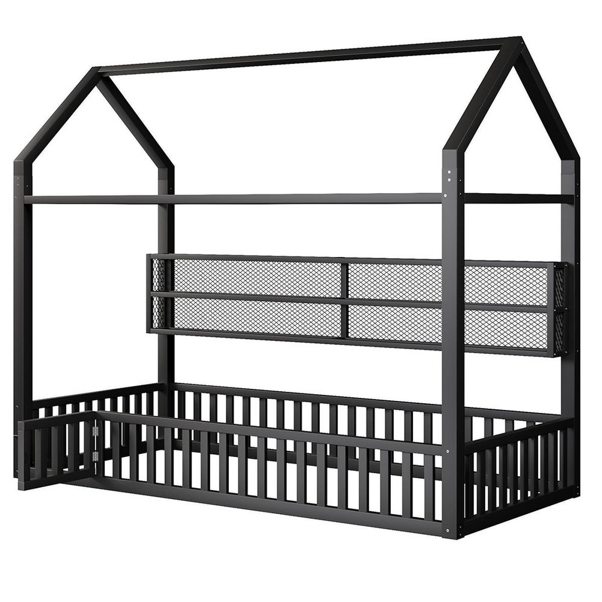 HAUSBETT 90x200 cm mit Zaun und LED-Beleuchtung, Schwarz - Schwarz, Metall (90/200cm) - KOMHTOM