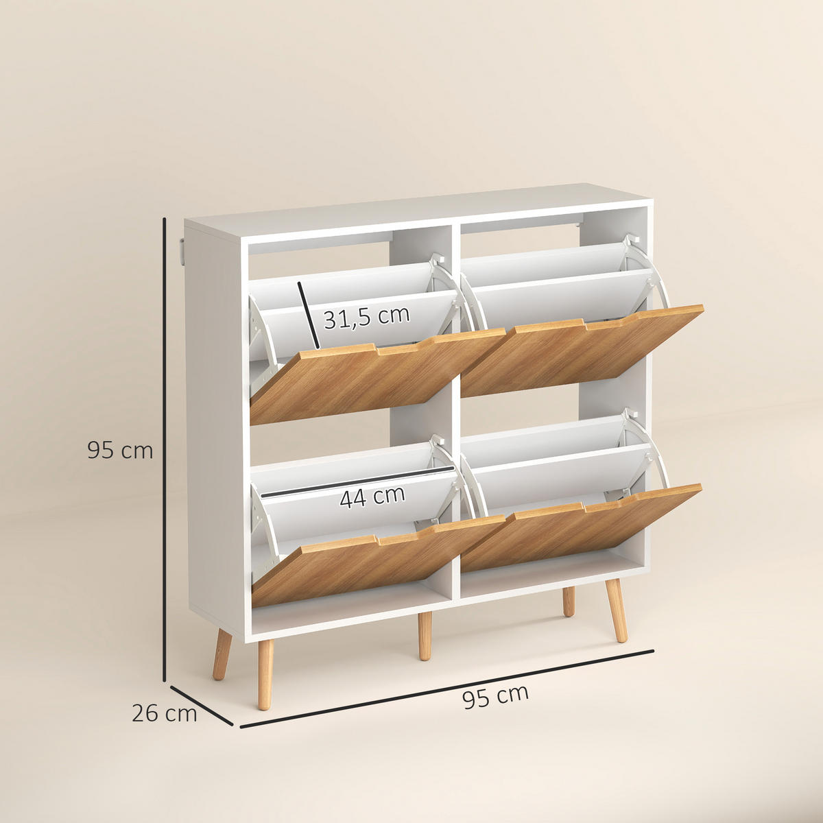 SCHUHSCHRANK mit 4 Klapptüren, Platz für 16 Paar Schuhe, verstellbarem Einlegeboden, Beinen aus Kiefernholz, 95 x 26 x 95 cm, naturfarben - Braun, Holzwerkstoff (95/95/26cm) - HOMCOM