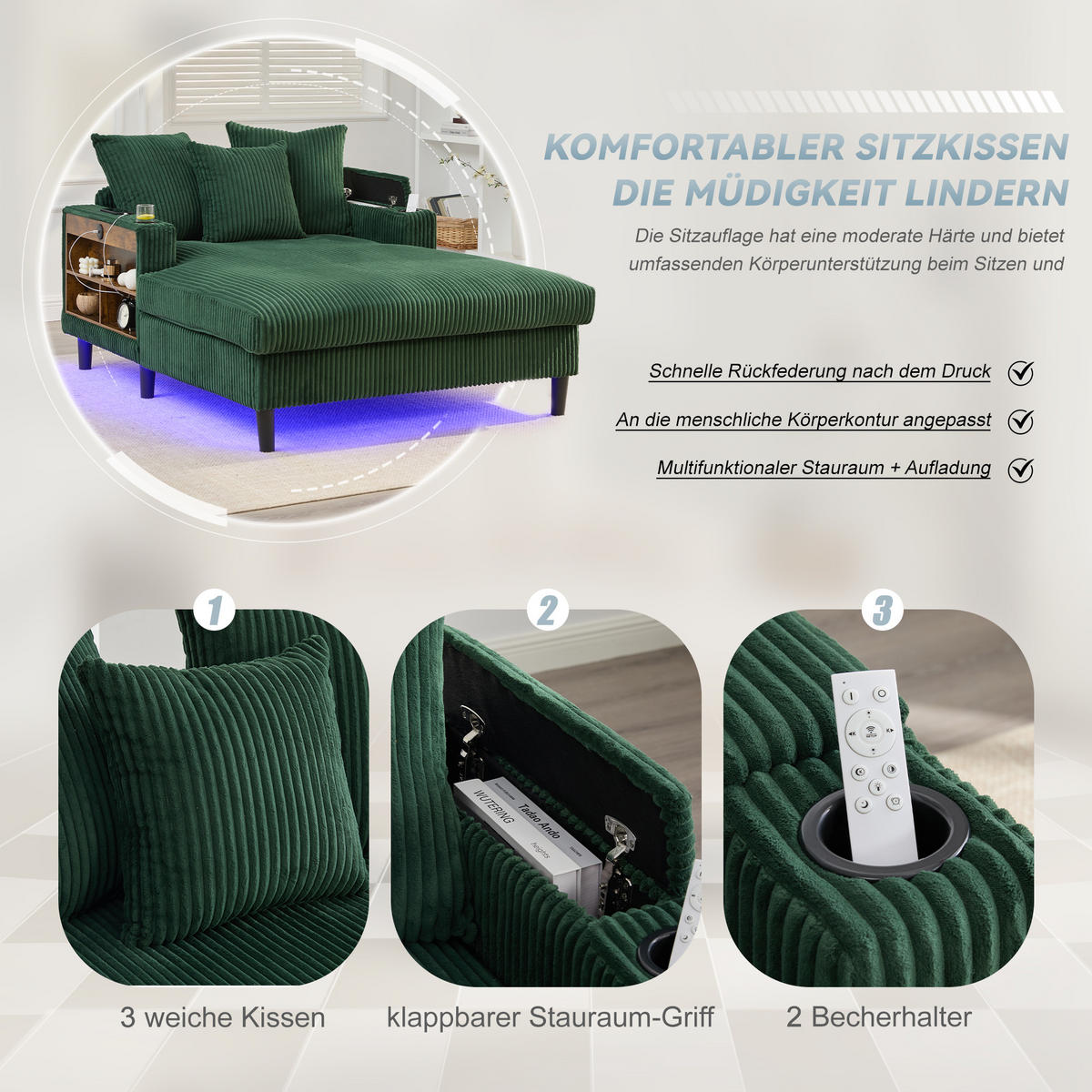 CHAISELONGUE Cord Smaragdgrün mit LED, Stauraum, USB und Becherhaltern - Smaragdgrün, Kunststoff/Textil (129/70/170cm) - WISHDOR