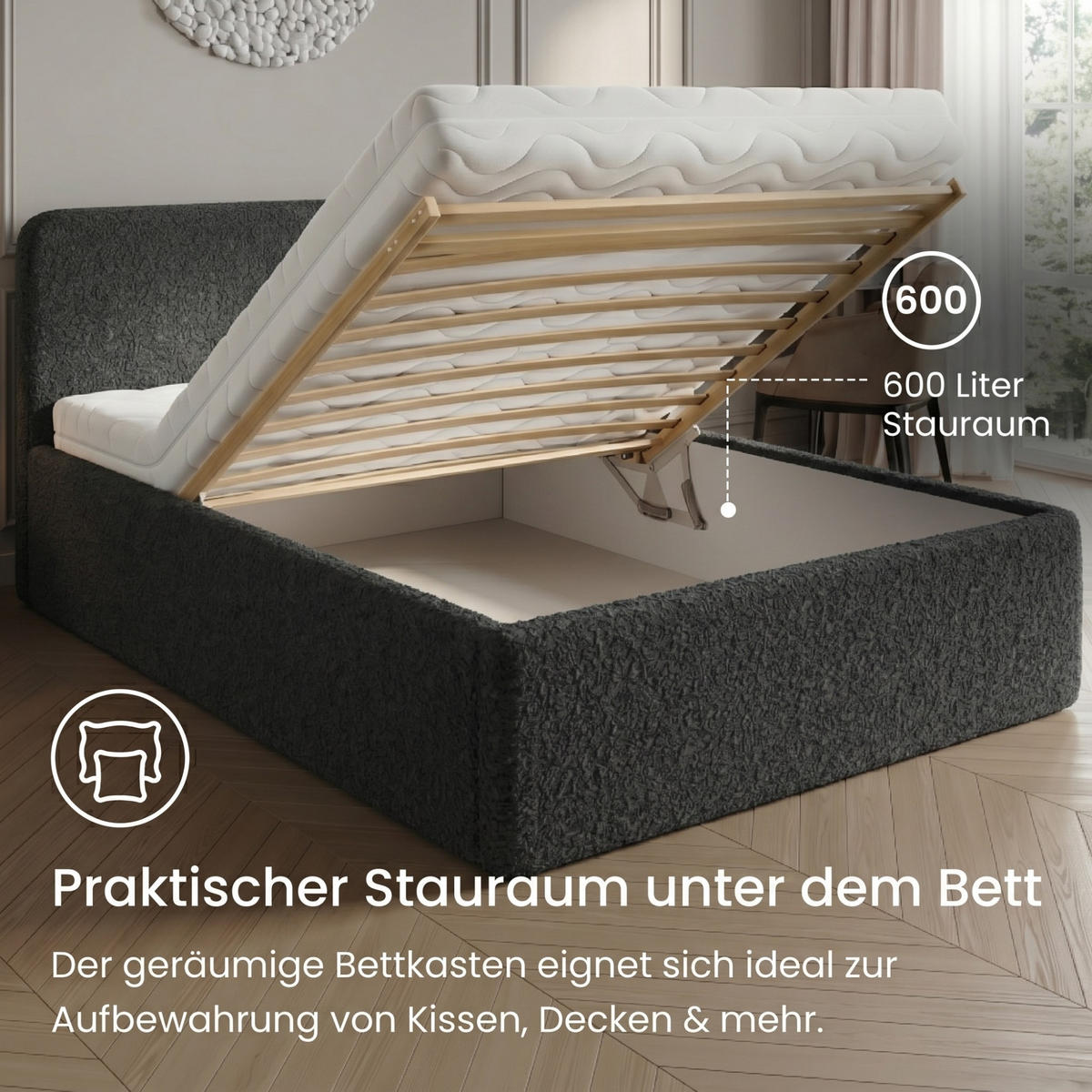 POLSTERBETT 120x200 cm Kaltschaummatratze H3 Bouclé Schwarz - Schwarz, Textil (120/200cm) - Home Collective