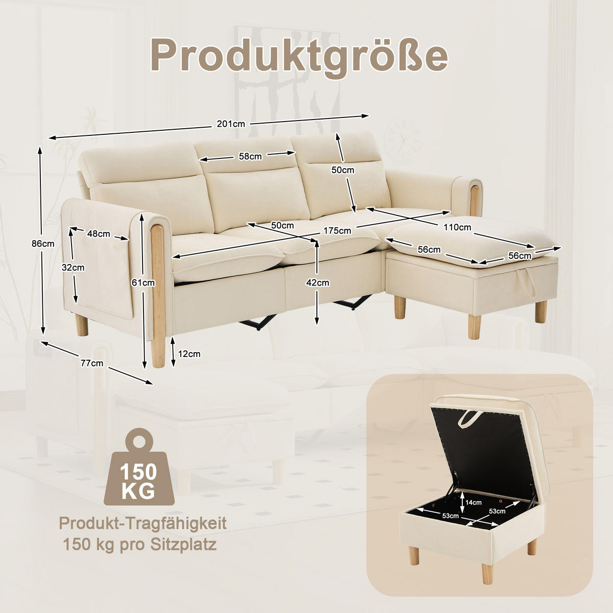 SOFA mit Stauraum und Hocker 201 cm Beige - Beige, Holz (77/201cm) - Meubliv