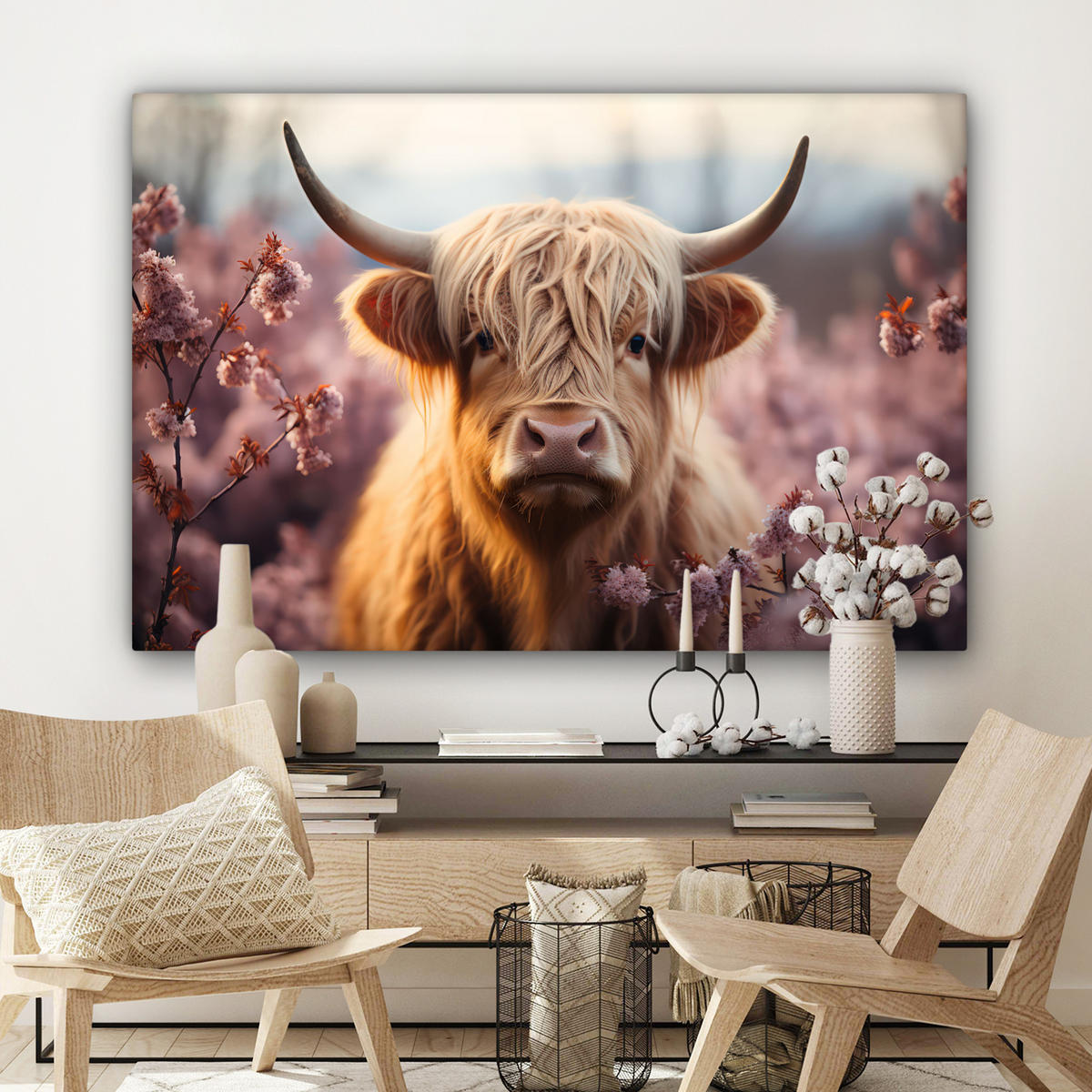 LEINWANDBILD Schottischer Hochländer - Frühling - Hochland Wohnzimmer Groß 120x80 cm - Hellrosa, Textil (120/80cm) - MuchoWow